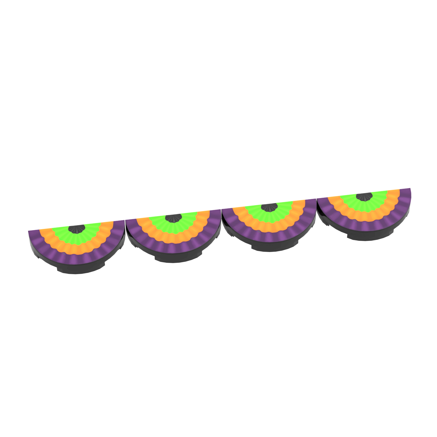 Decorative lego halloween half tile with purple, green, and orange colors on a black background