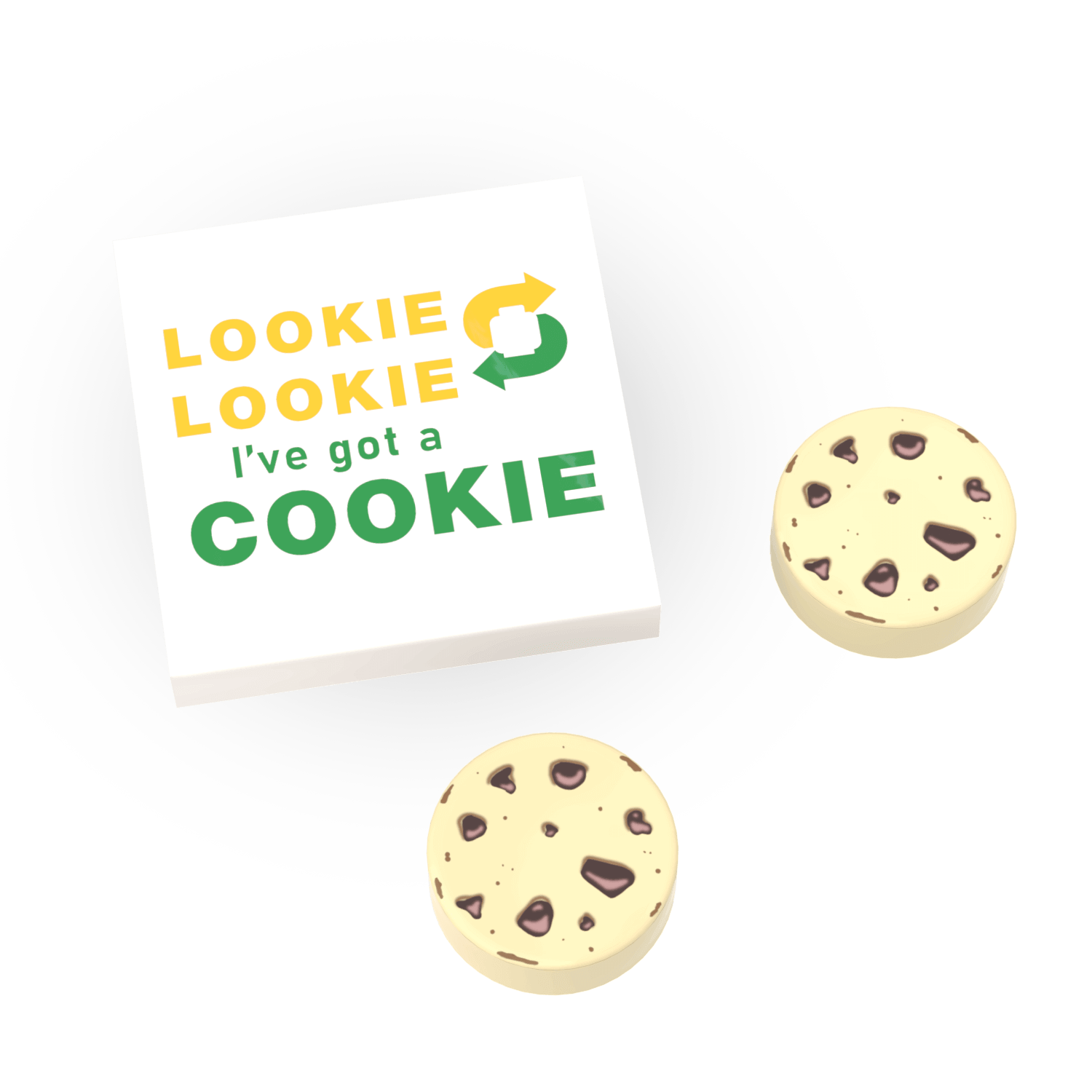 A playful image showing two chocolate chip cookies next to a custom printed LEGO tile with the text 'COOKIE' on it, against a white background.