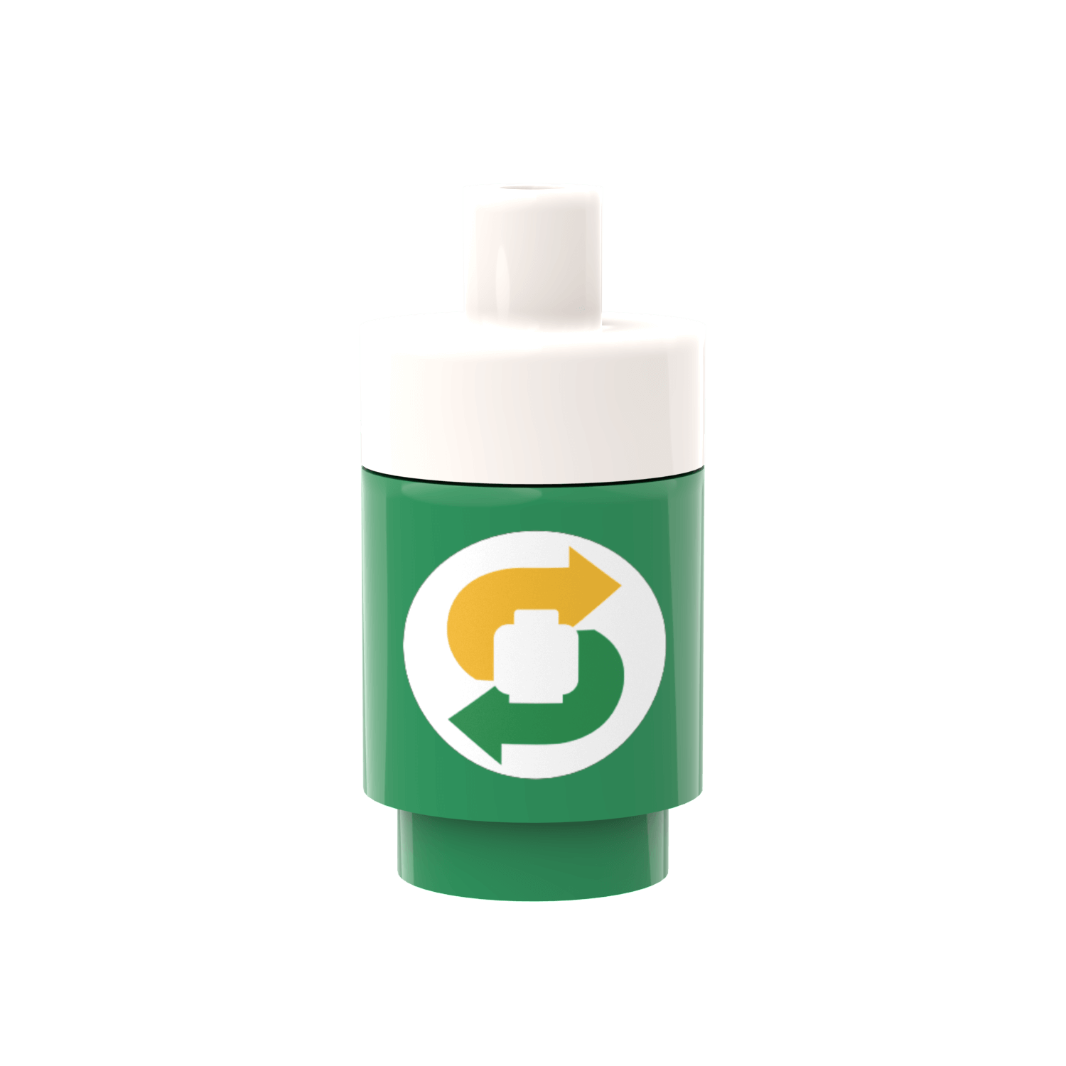 A custom-printed beverage cup with a green-and-yellow design, featuring a logo resembling a well-known fast food chain's icon, made using LEGO parts.