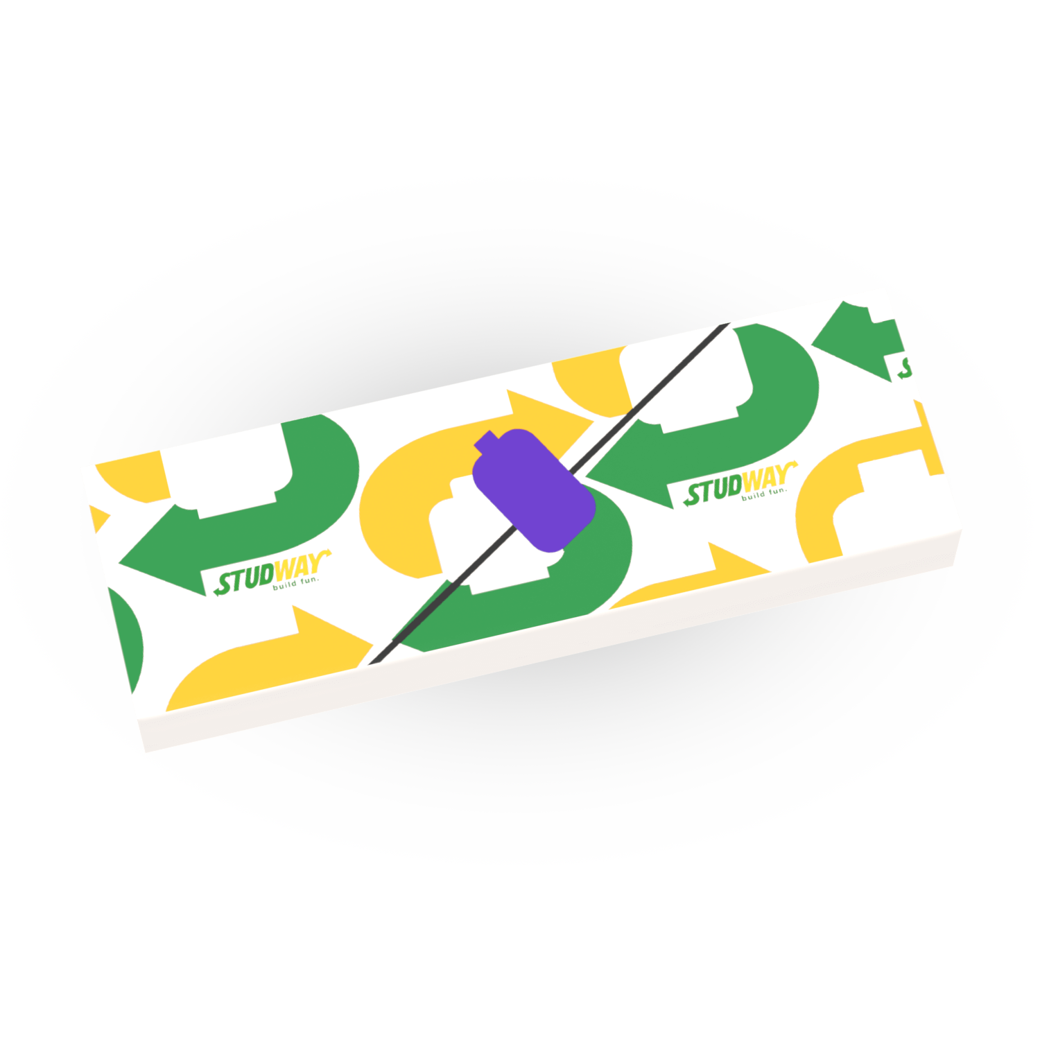 A custom-printed, wrapped sandwich with 'STUDWAY' branding, made using LEGO parts, displayed on a white background.