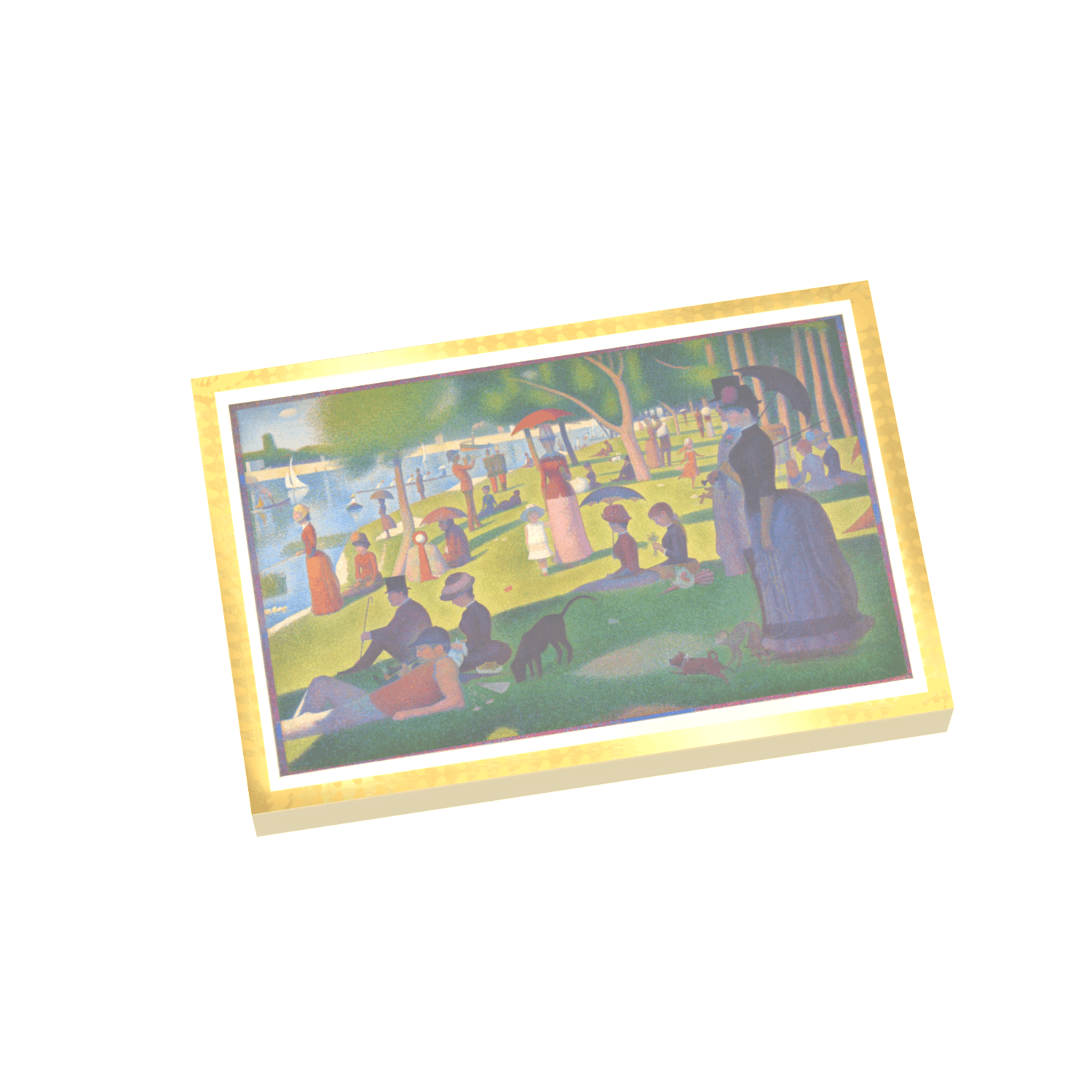 Sunday Afternoon at La Grande Jatte painted on a tan 2x3 LEGO tile on a white background.