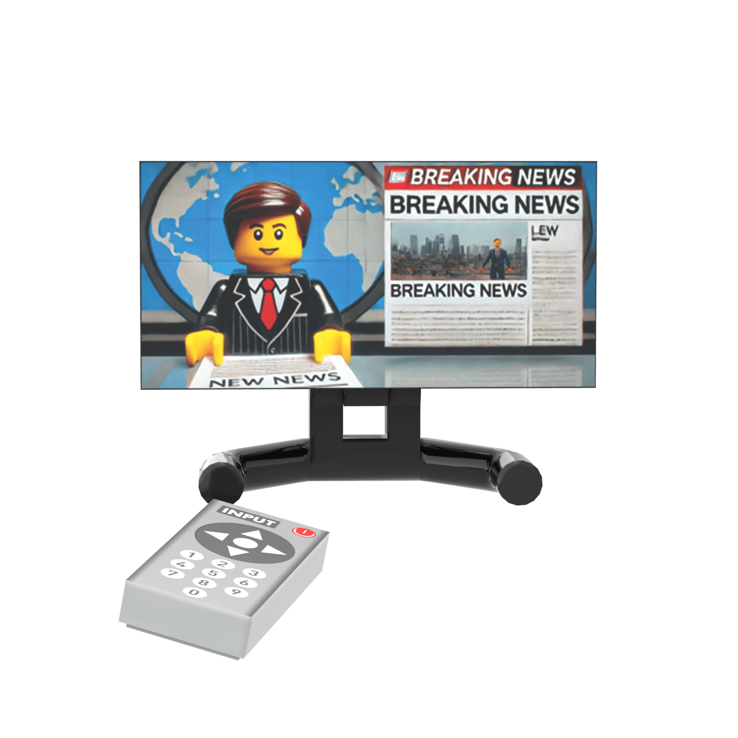 Toy TV set with a minifig on screen and a remote control on a black background