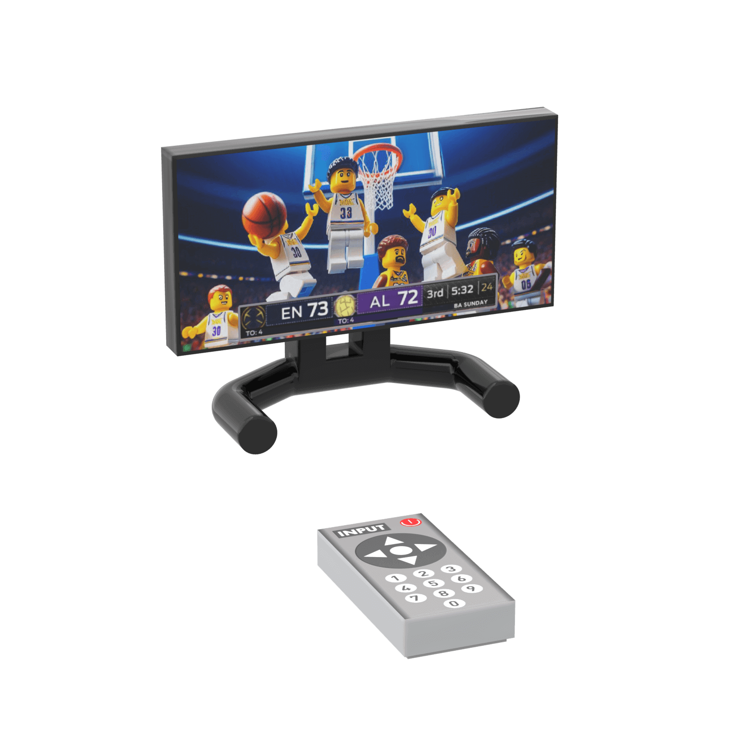 Small monitor displaying a basketball game with LEGO characters and a remote control on a black background