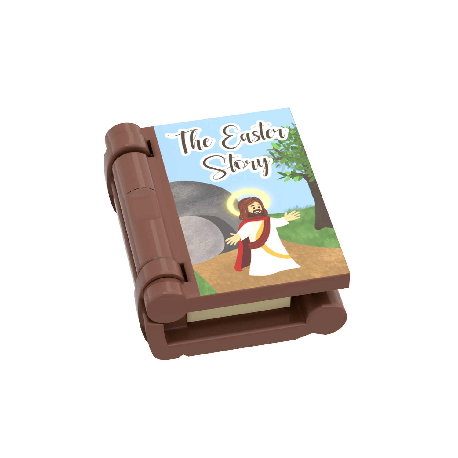 The Easter Book and depiction of Jesus custom printed on a brown LEGO book on a white background