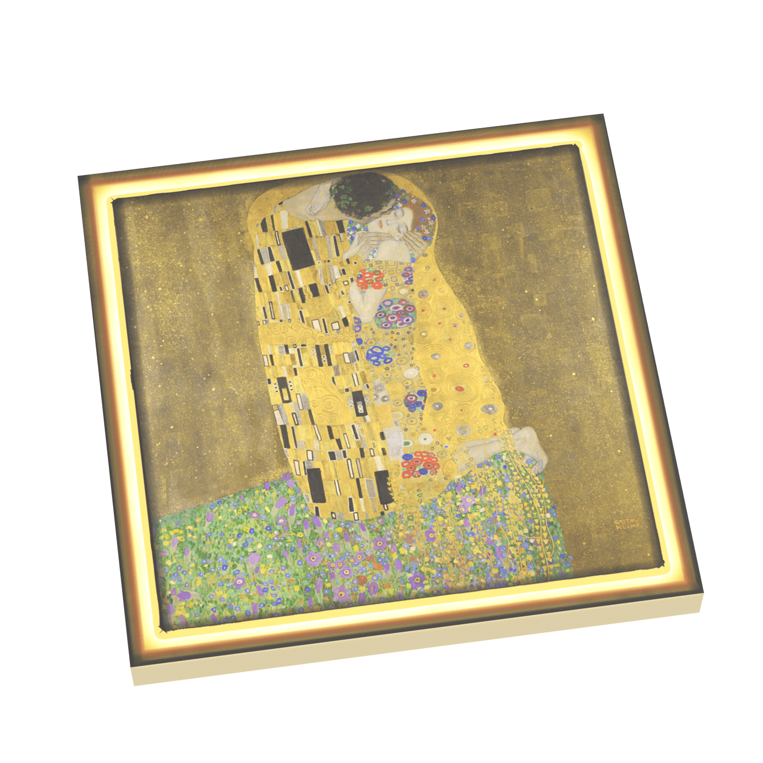 The Kiss - artwork with a brown frame printed on a 4x4 LEGO tile, on a white background.