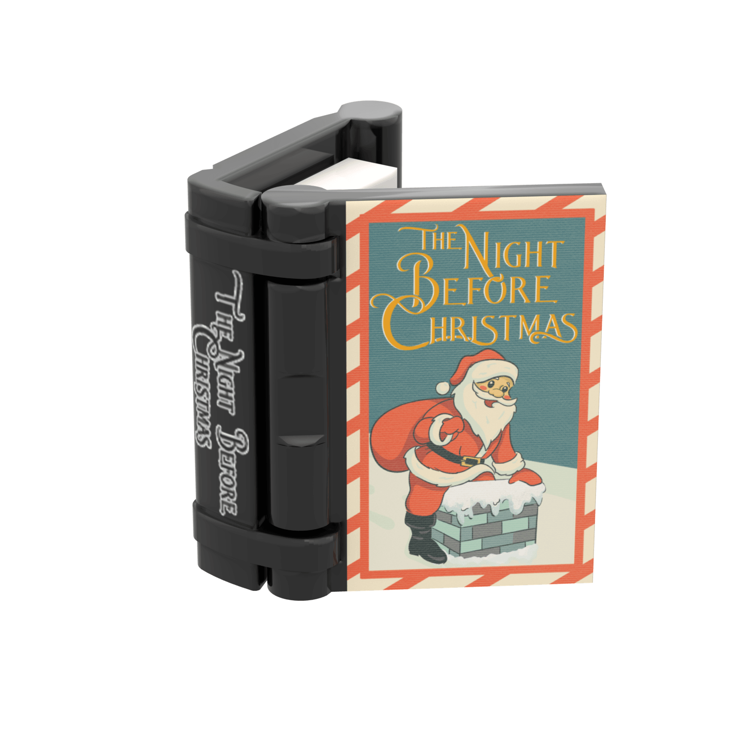 Small minifig scale  'The Night Before Christmas' book featuring Santa Claus about to go down a chimney on a black book with "The Night Before Christmas" on the book spine on a white background.