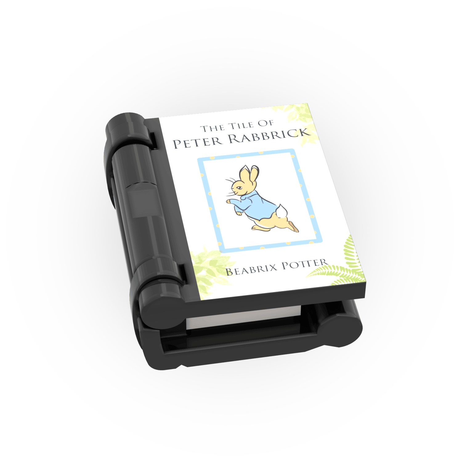 Black LEGO book "The Tile of Peter Rabbrick" book custom printed on LEGO on a  white background.