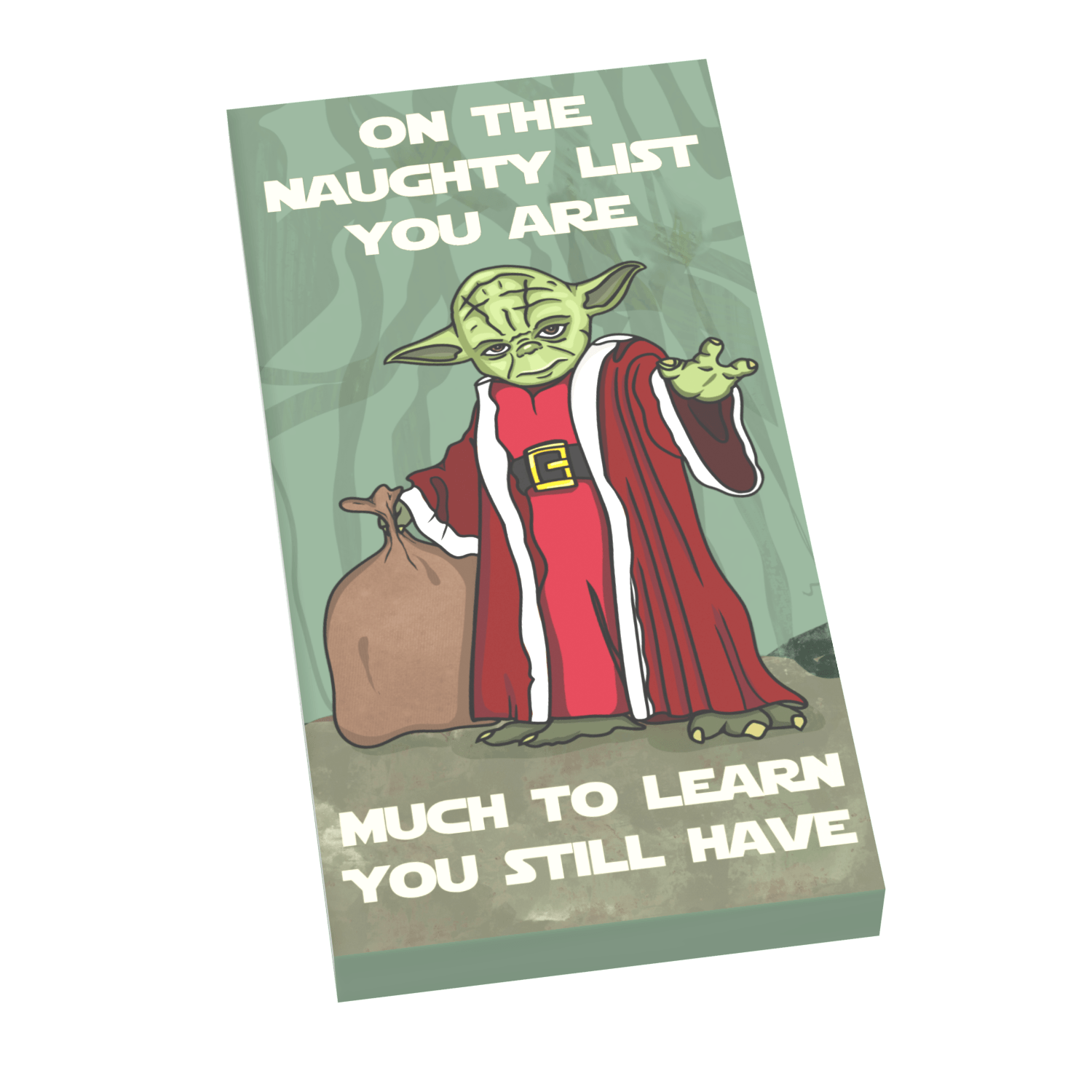 Wise Holiday sporting his Holiday Robes, with a brown sack proclaiming you are on the naughty list you are with a white background.