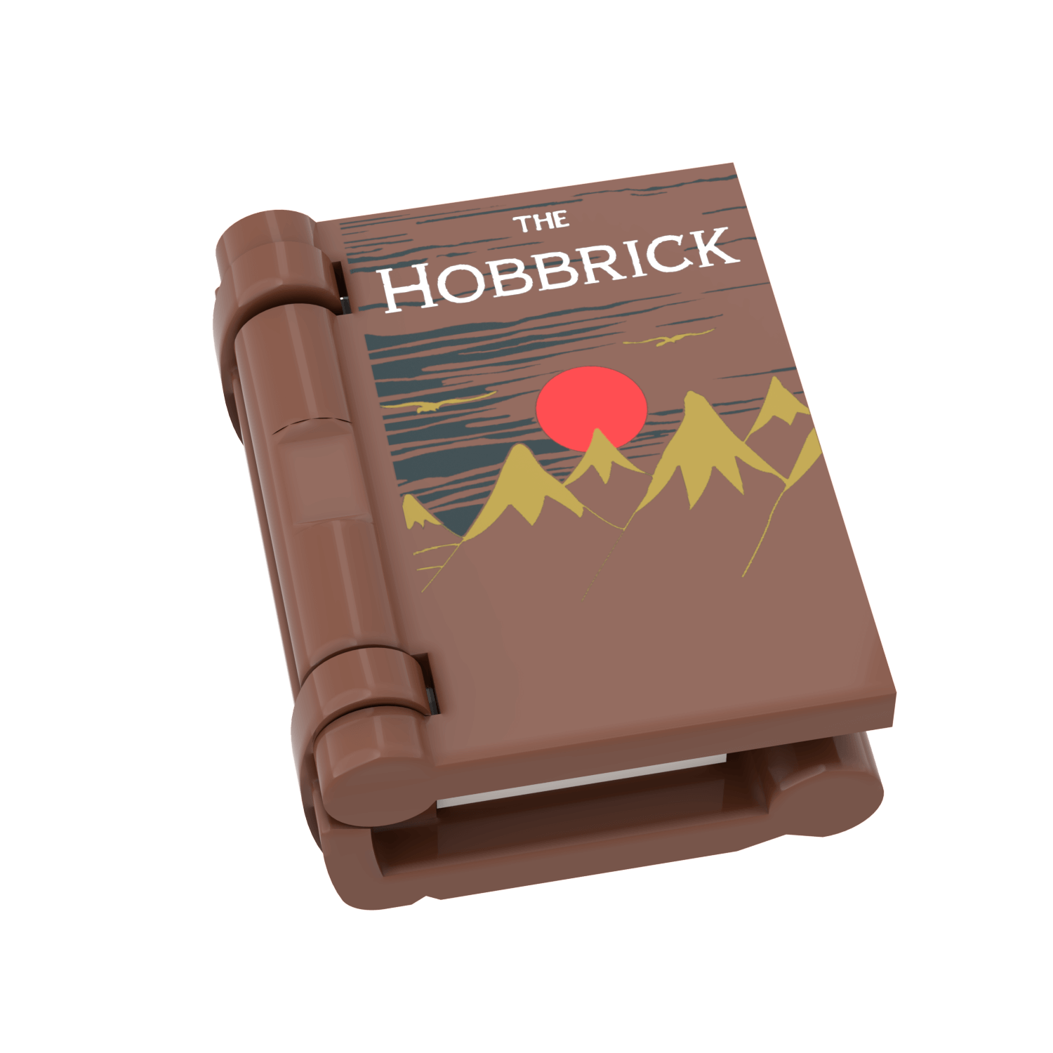 Brown book-shaped object with 'The Hobbrick' title and mountain design on a white background