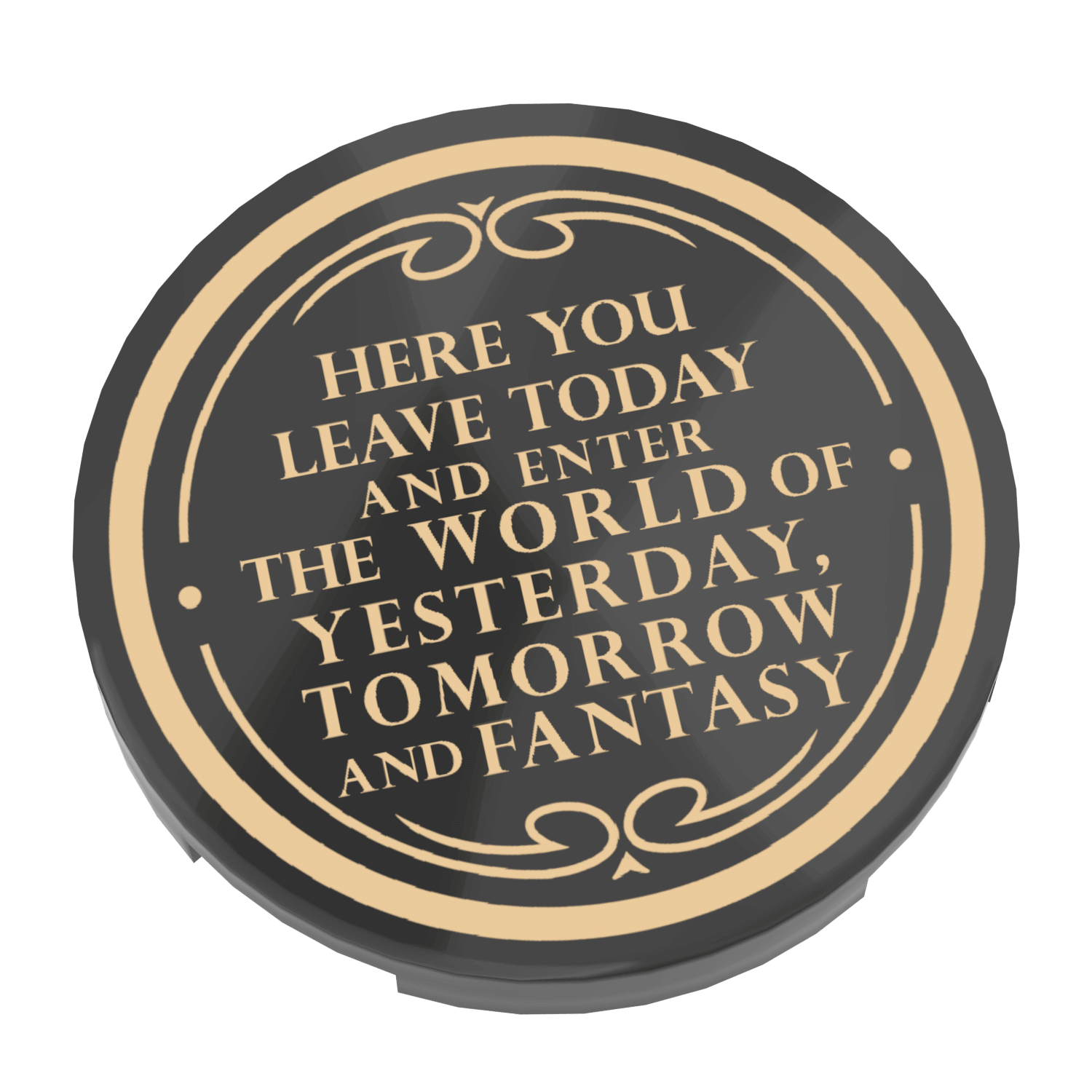 Decorative plaque with gold text on a black background