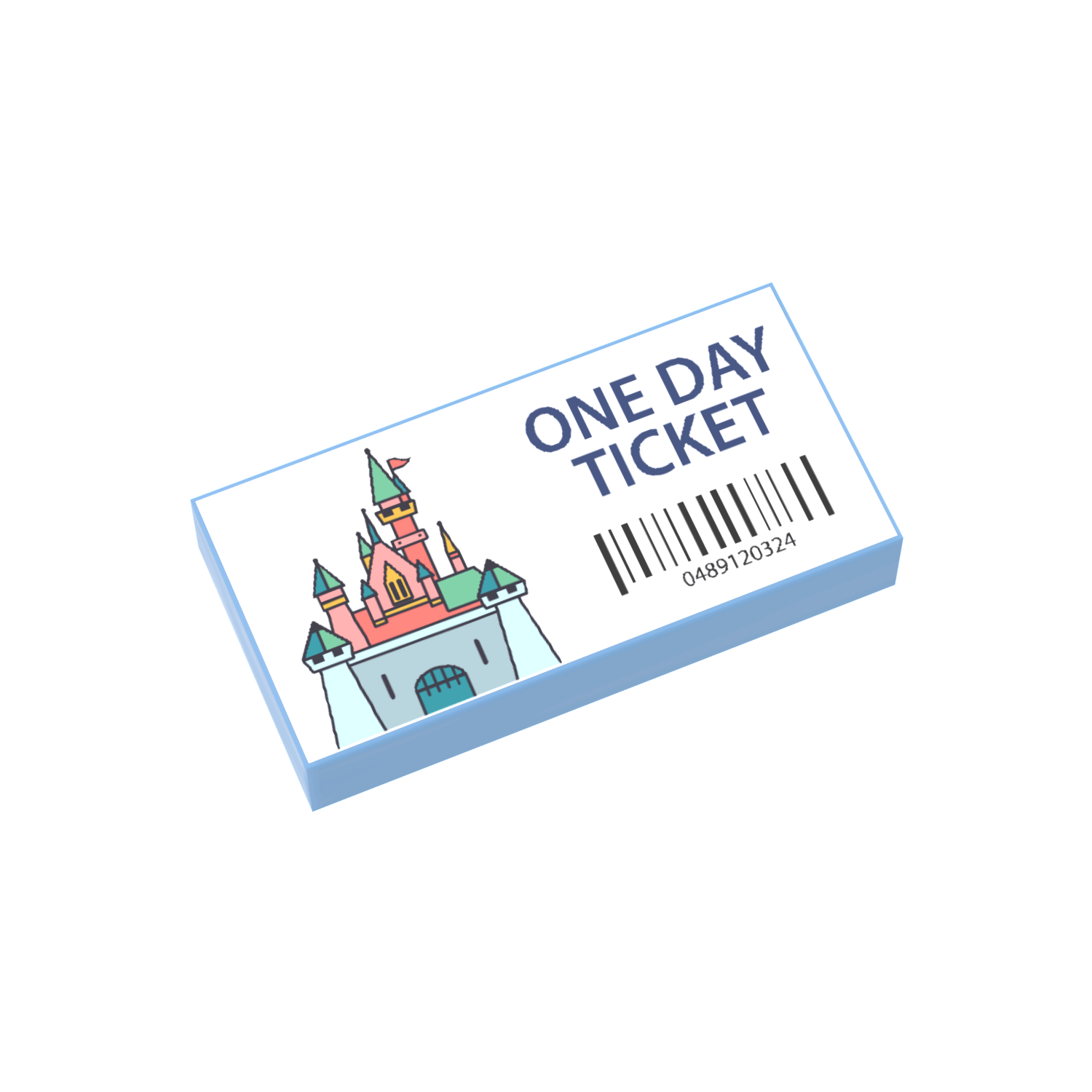 One day theme park ticket with castle illustration and barcode on a white background
