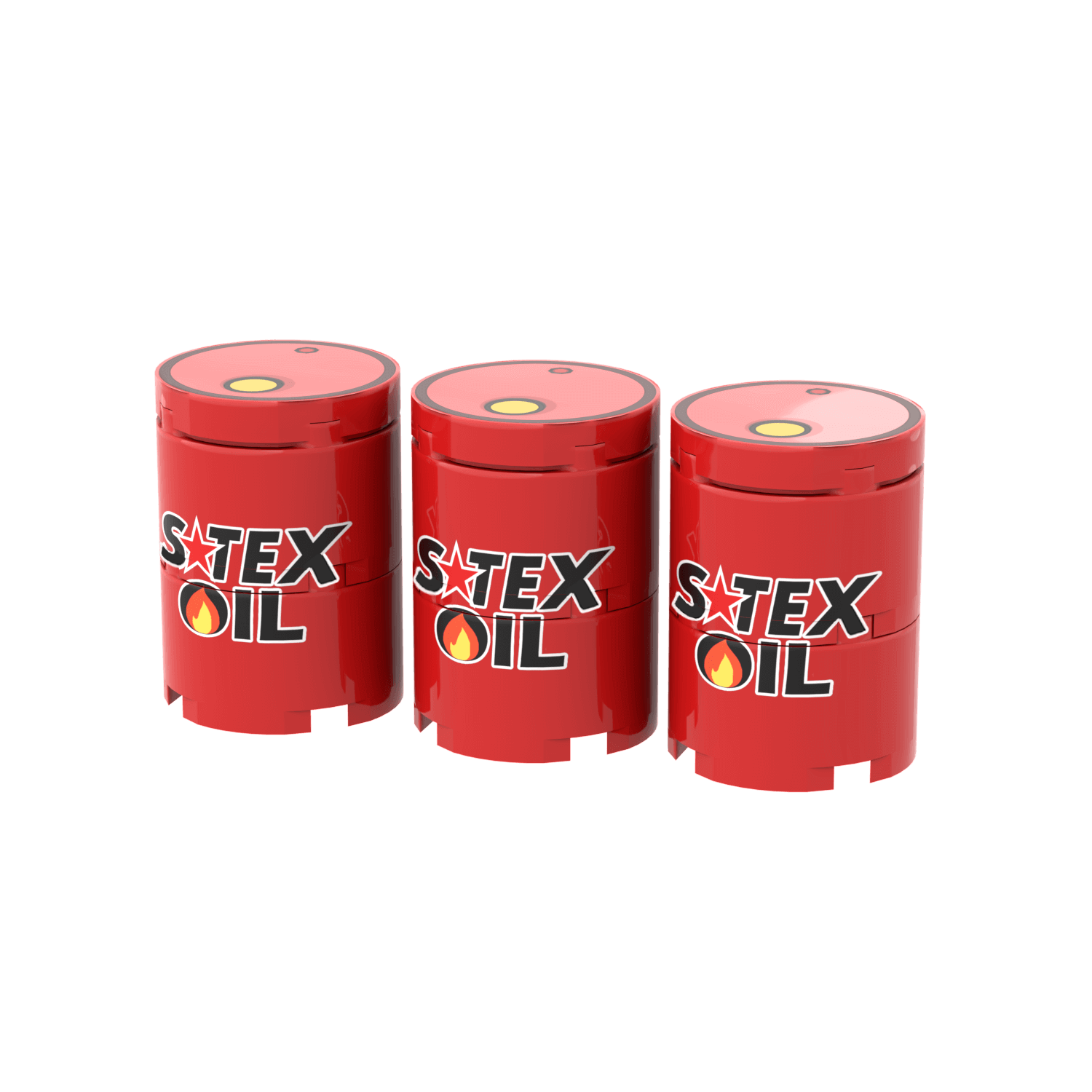 Three red lego oil containers of S-Tex Oil on a black background
