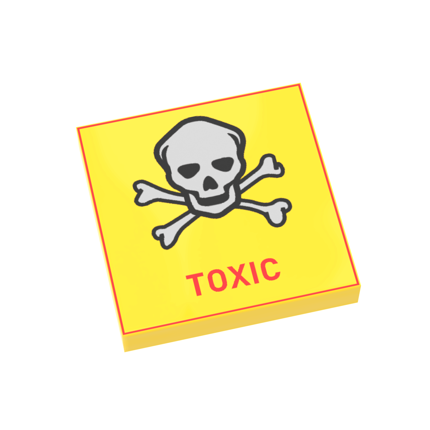 Custom printed Lego sign with a yellow background, black and red text saying 'TOXIC', and a skull and crossbones symbol.