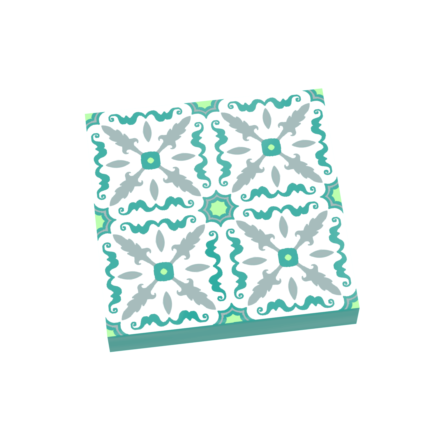 A custom printed 2x2 dark turquoise tile with a floral Spanish-style pattern.