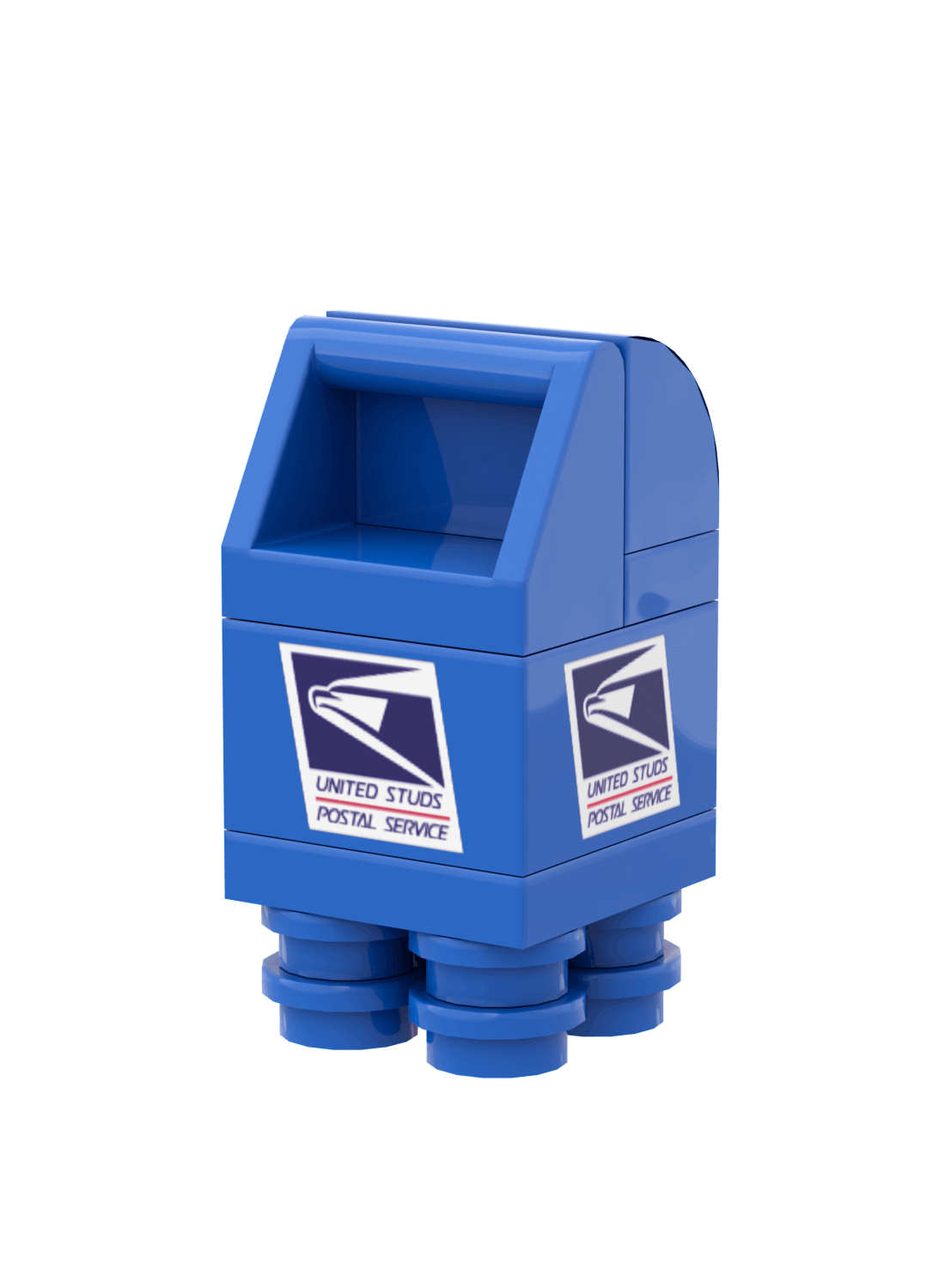 LEGO Blue mailbox with United Studs Postal Service logo custom printed on each side on a white background