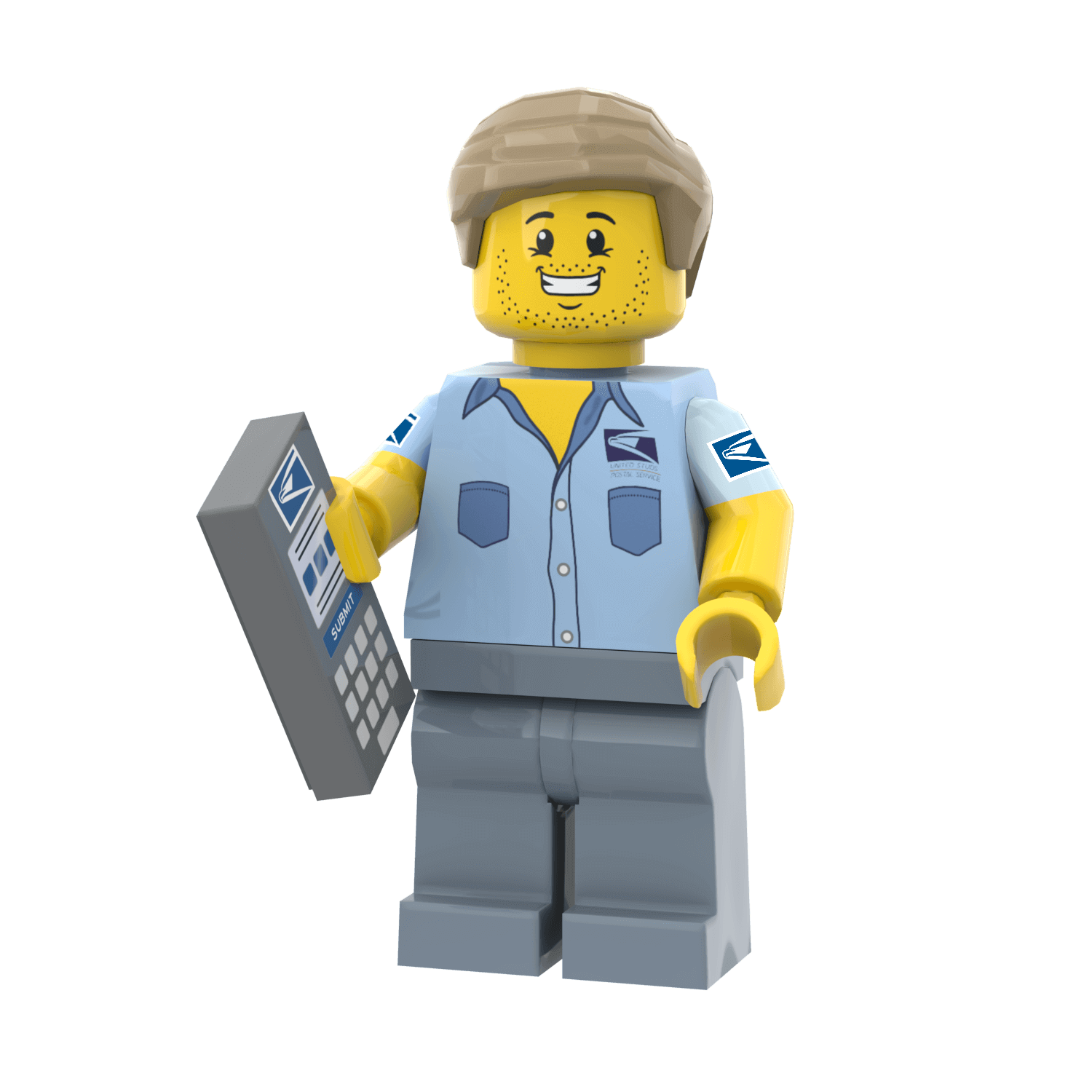 Custom printed LEGO minifigure of a male delivery driver with a scanner, wearing a gray and blue uniform with a hat.