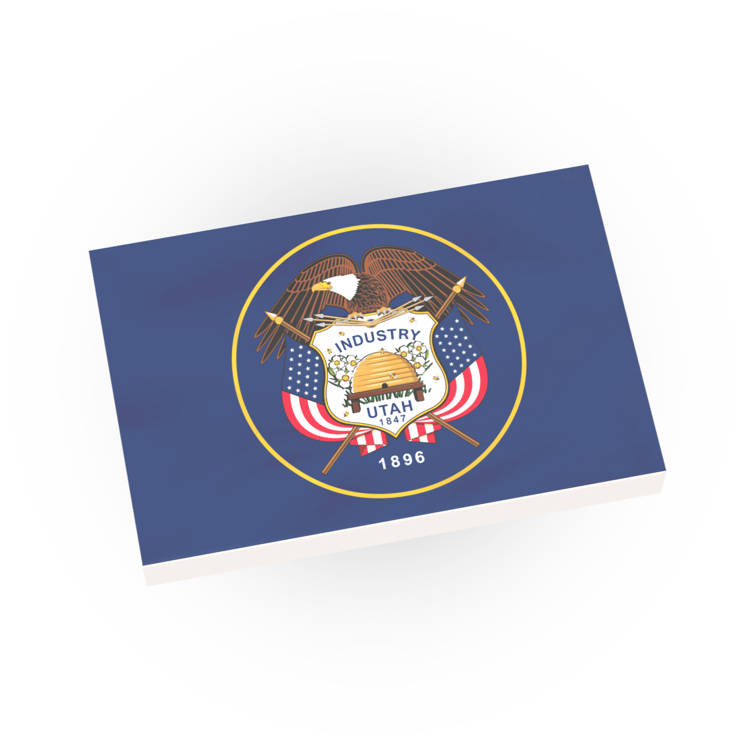 Custom printed Utah State flag on a white 2x3 Lego tile.