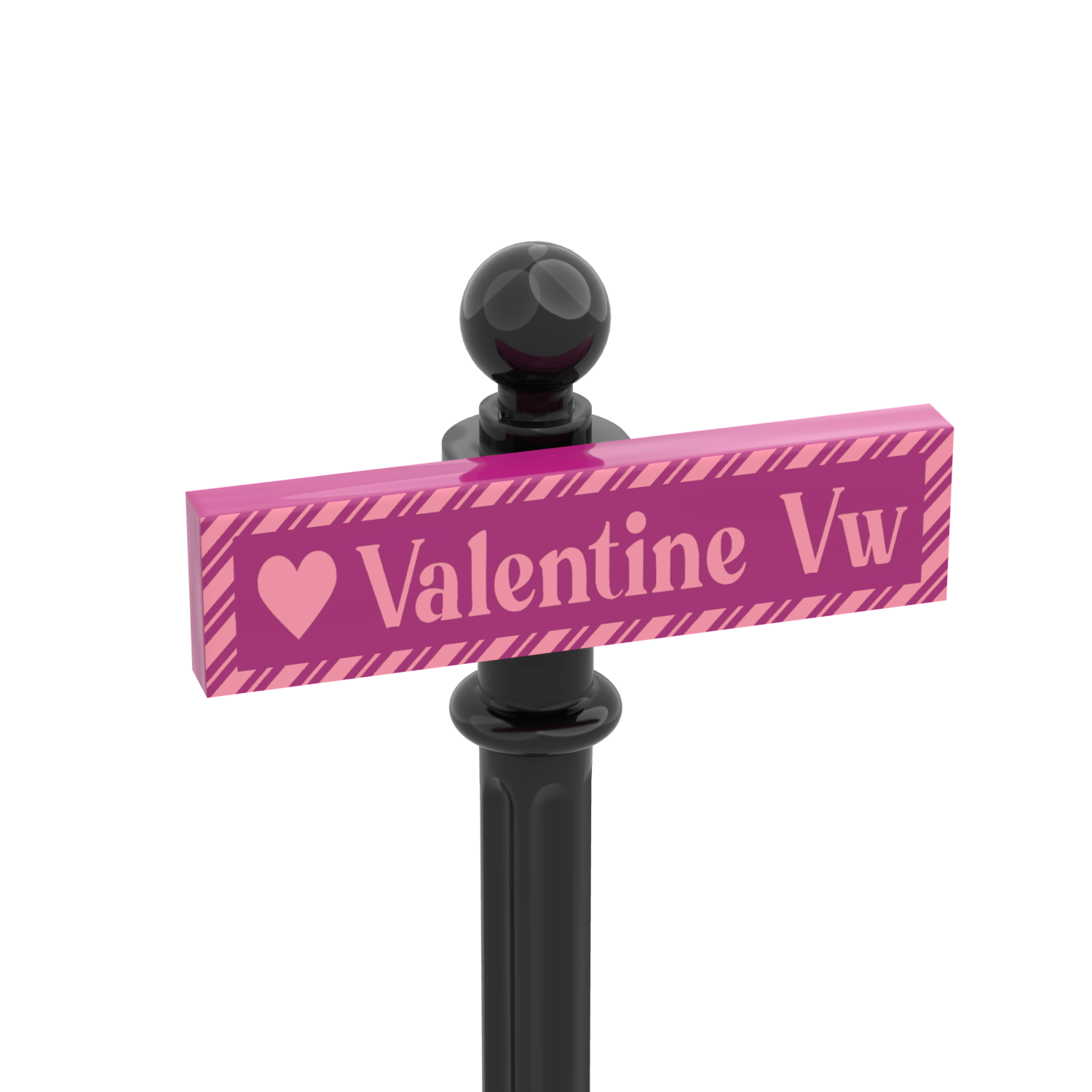 Magenta LEGO street sign with Valentines Vw printed on the sign, on a black post.