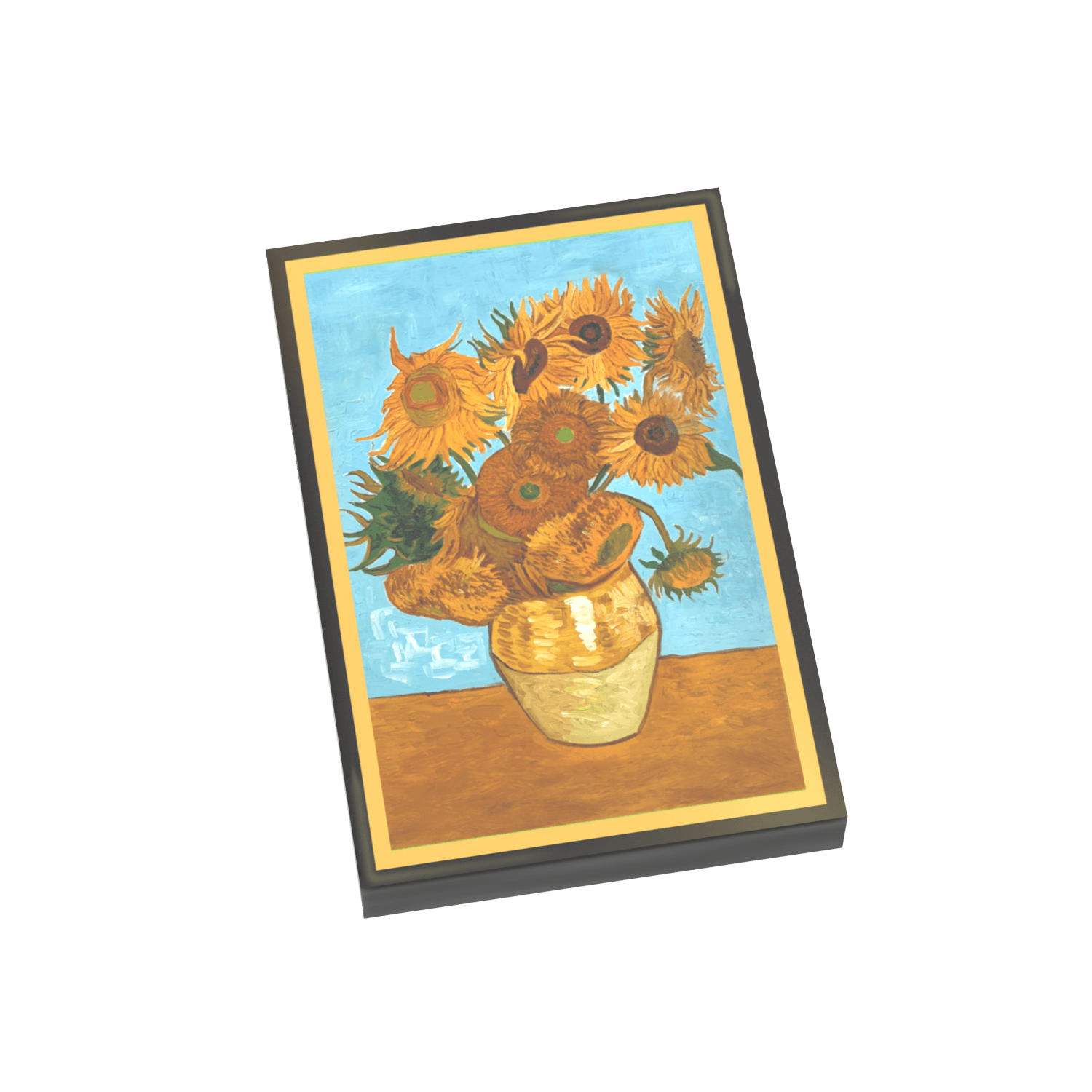Van Gogh's sunflowers printed on a black LEGO tile on a white background.