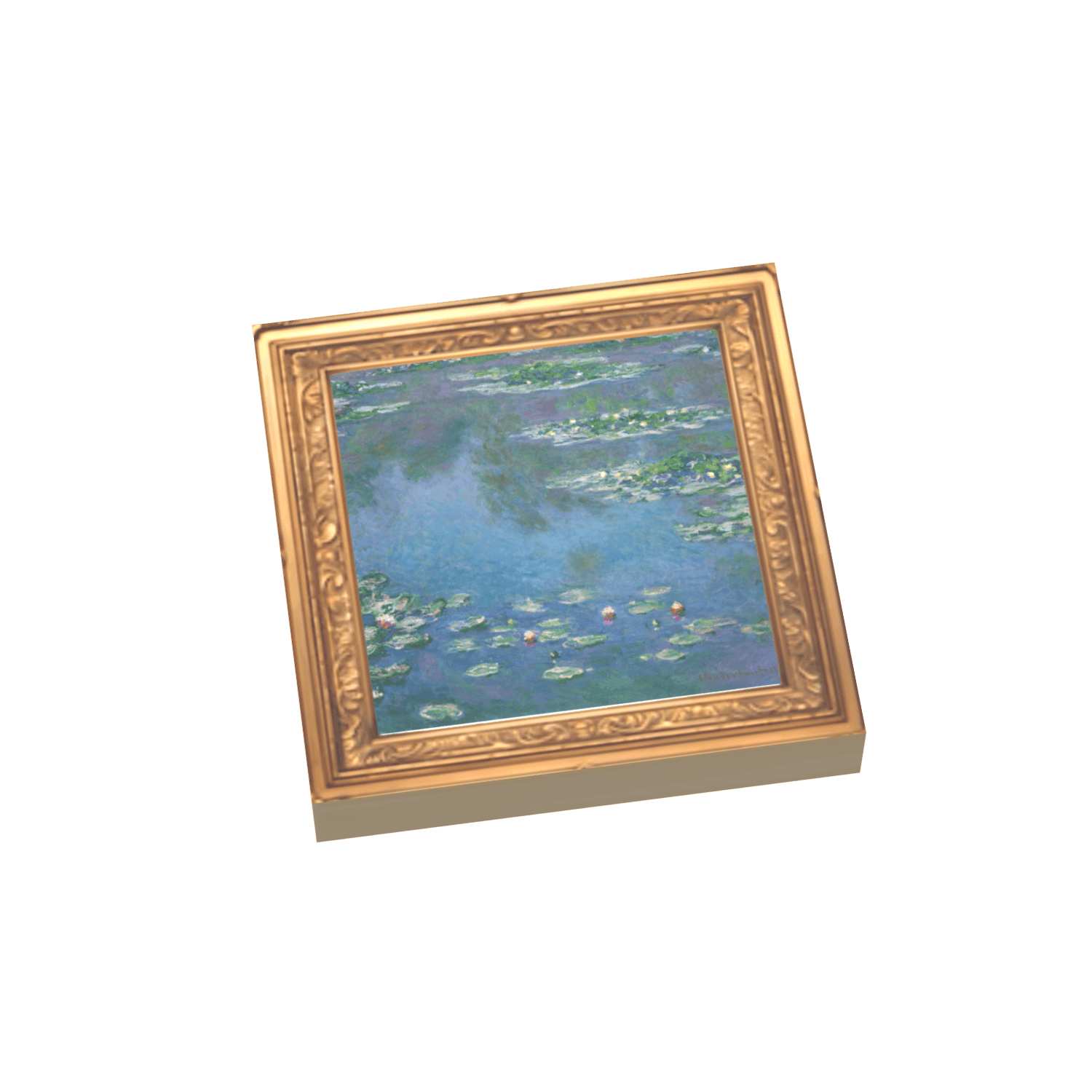 Gold framed Water Lillies Painting printed on a LEGO tile on white background.