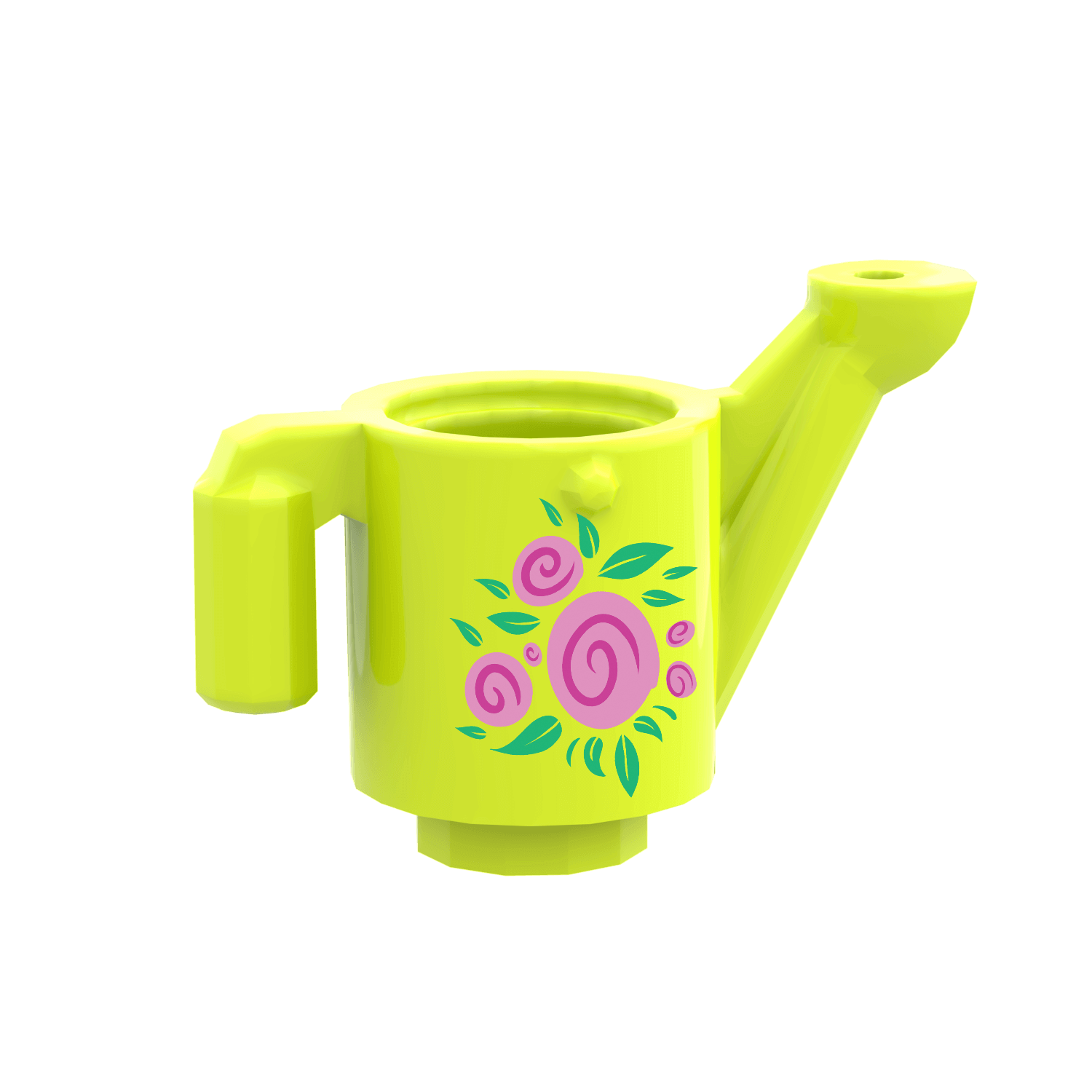 green lego watering can with floral design on a black background