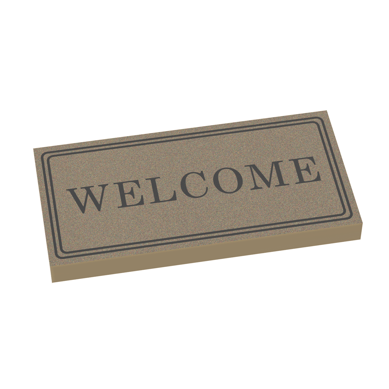 A custom printed LEGO door mat with the word 'WELCOME' displayed.