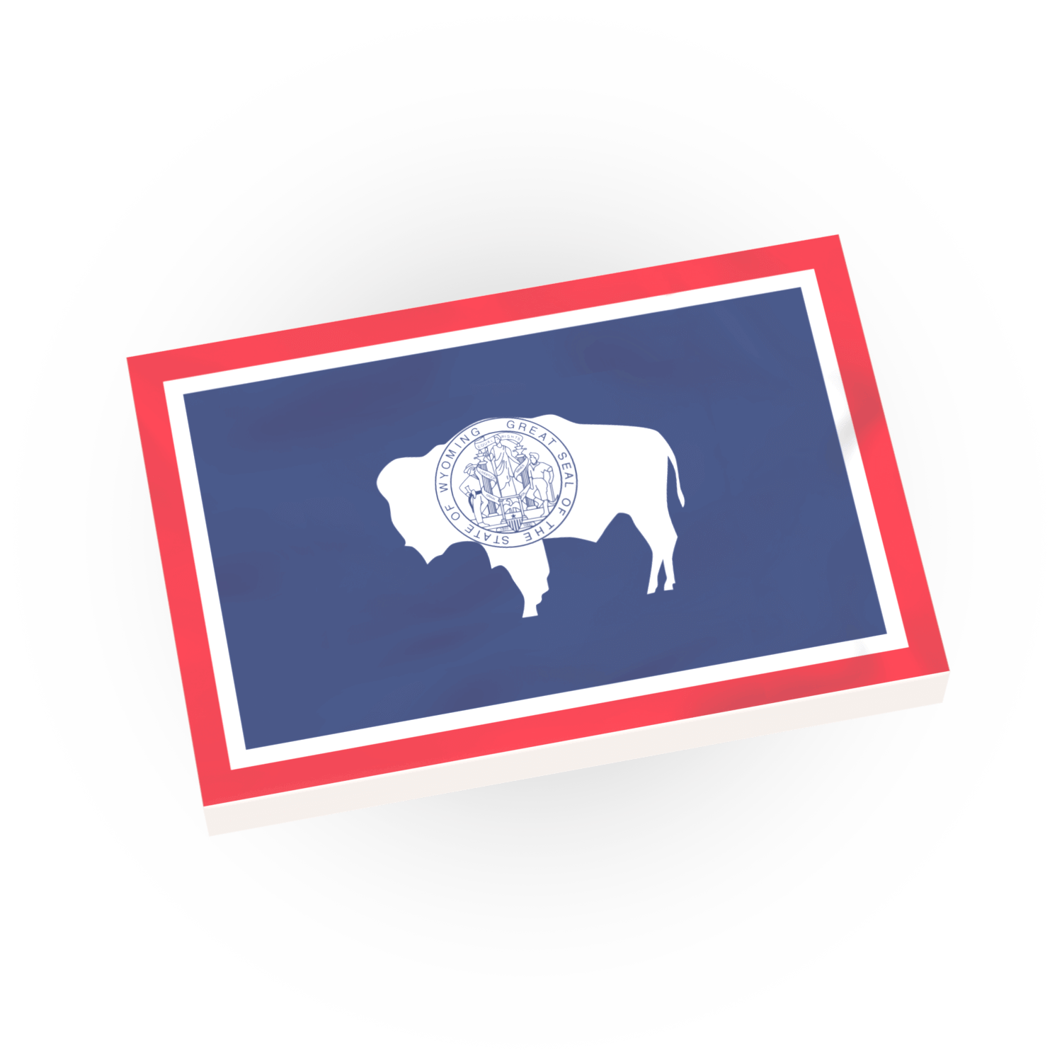 Custom printed South Wyoming State Flag on a new Lego 2x3 white tile with a red border.