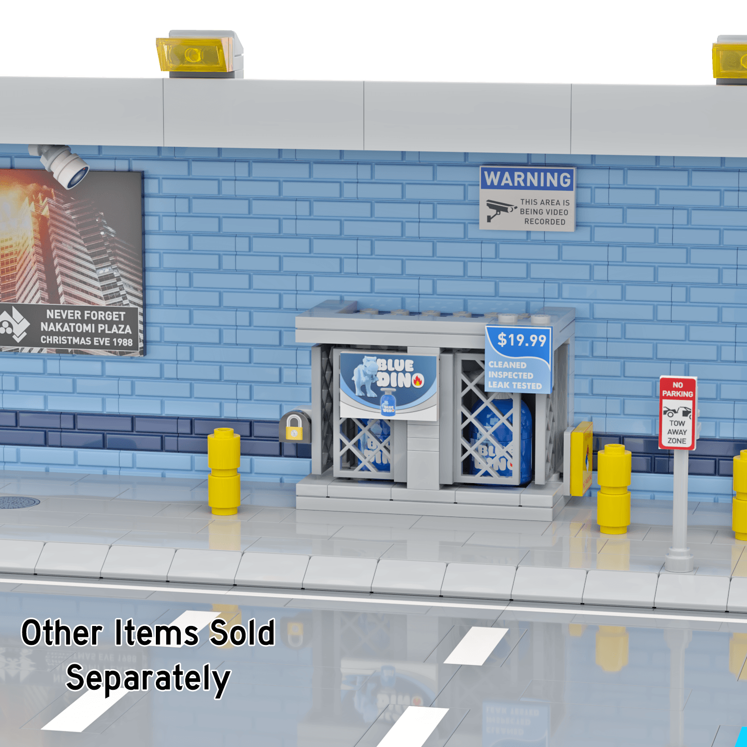 LEGO brick built city gas station setting with a "Blue Dino" gas cylinder exchange building kit with a blue masonry wall and poster and security camera and warning sign.