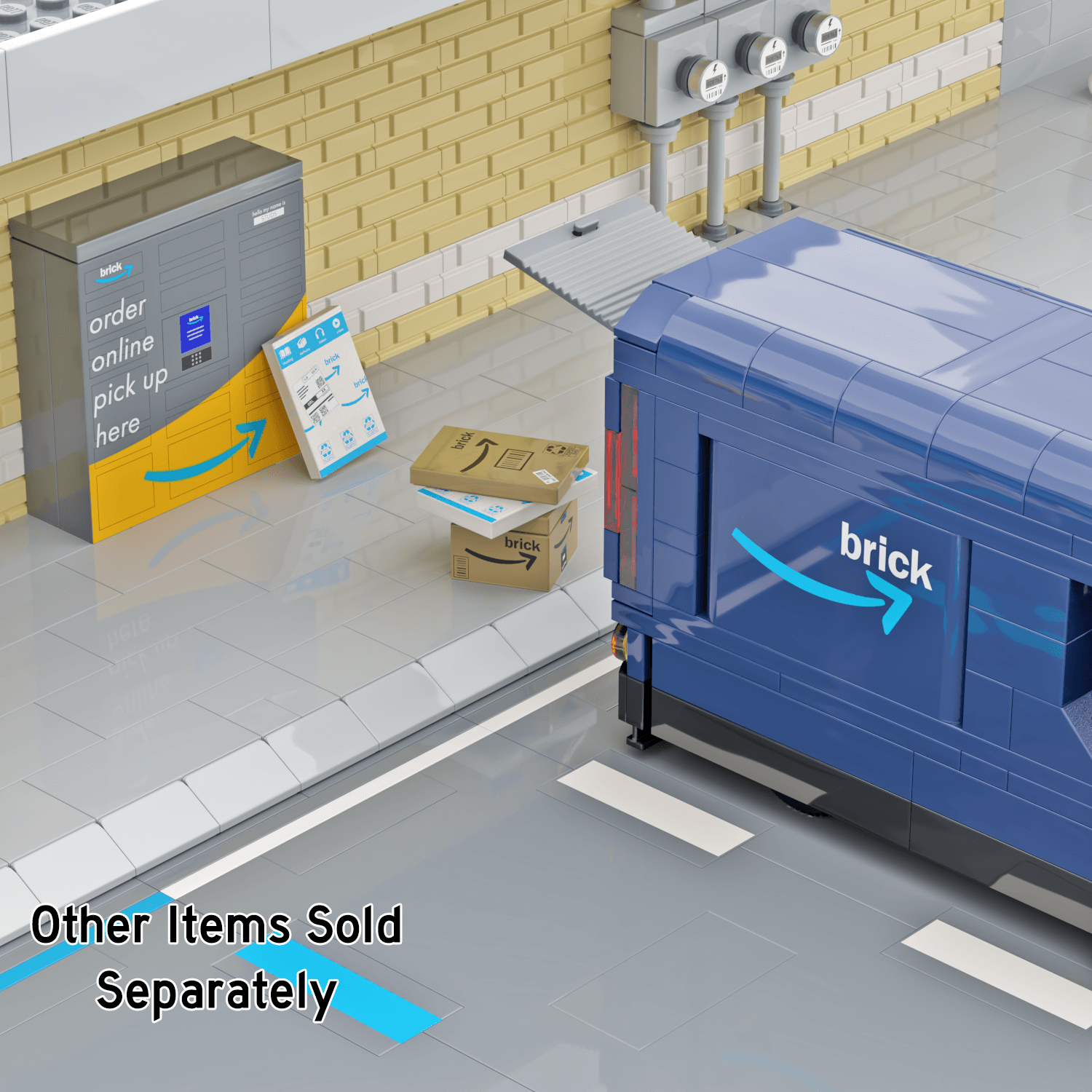 LEGO city scene of an Amazing blue delivery truck filling up the amazing pickup locker with amazing packages.