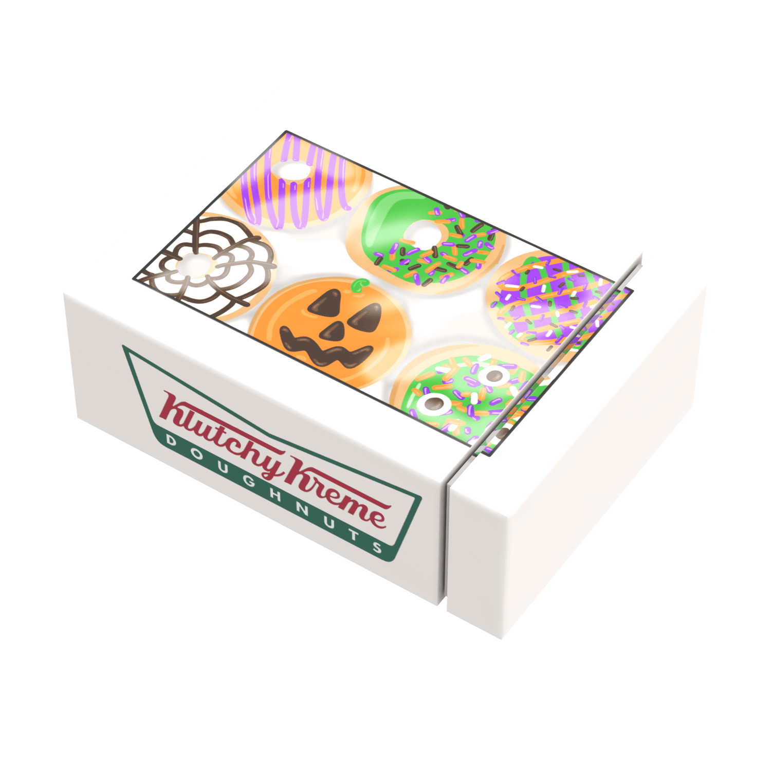 Box of Klutchy Kreme Halloween-themed doughnuts printed lego on a white background