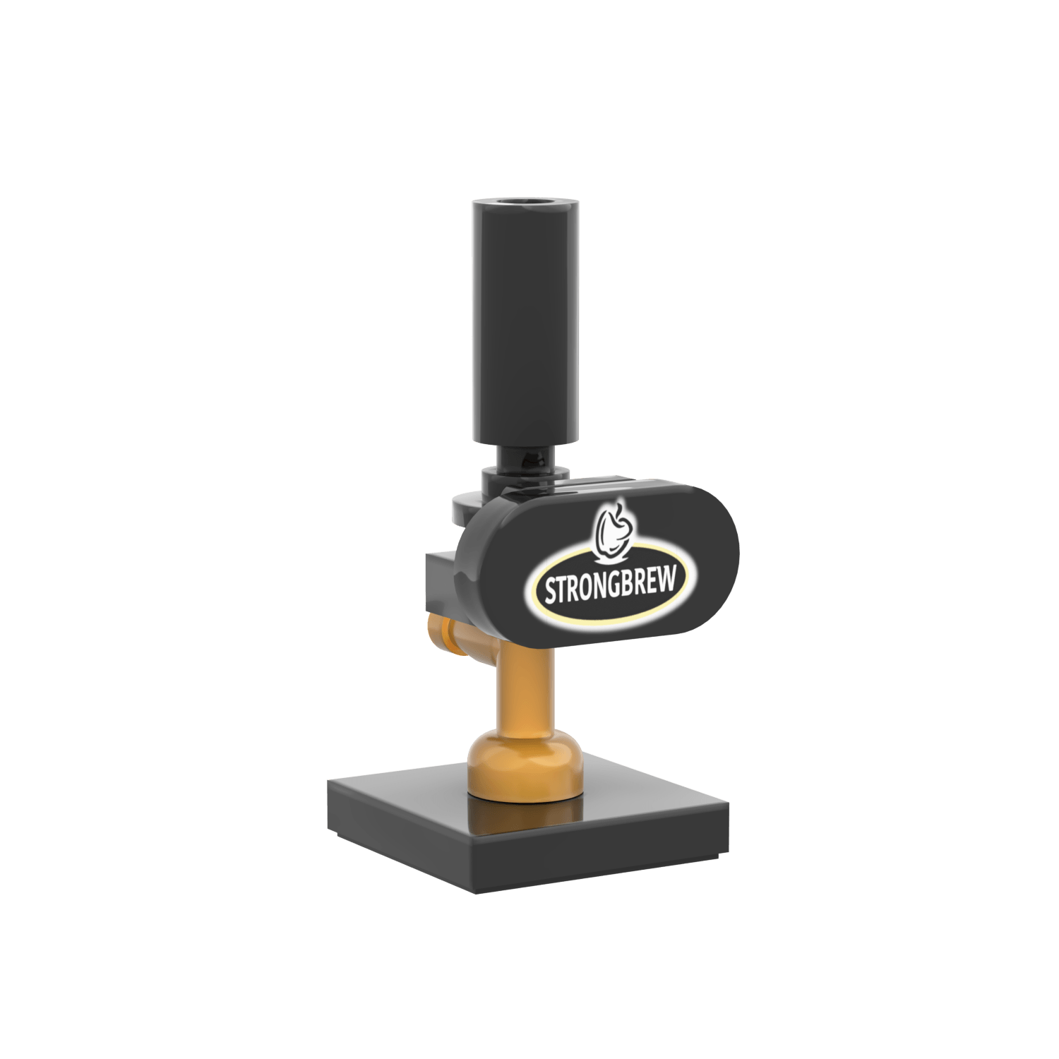LEGO brick build building set of StrongBrew hard cider pub tap with gold and black elements with "StrongBrew" sign on a white background