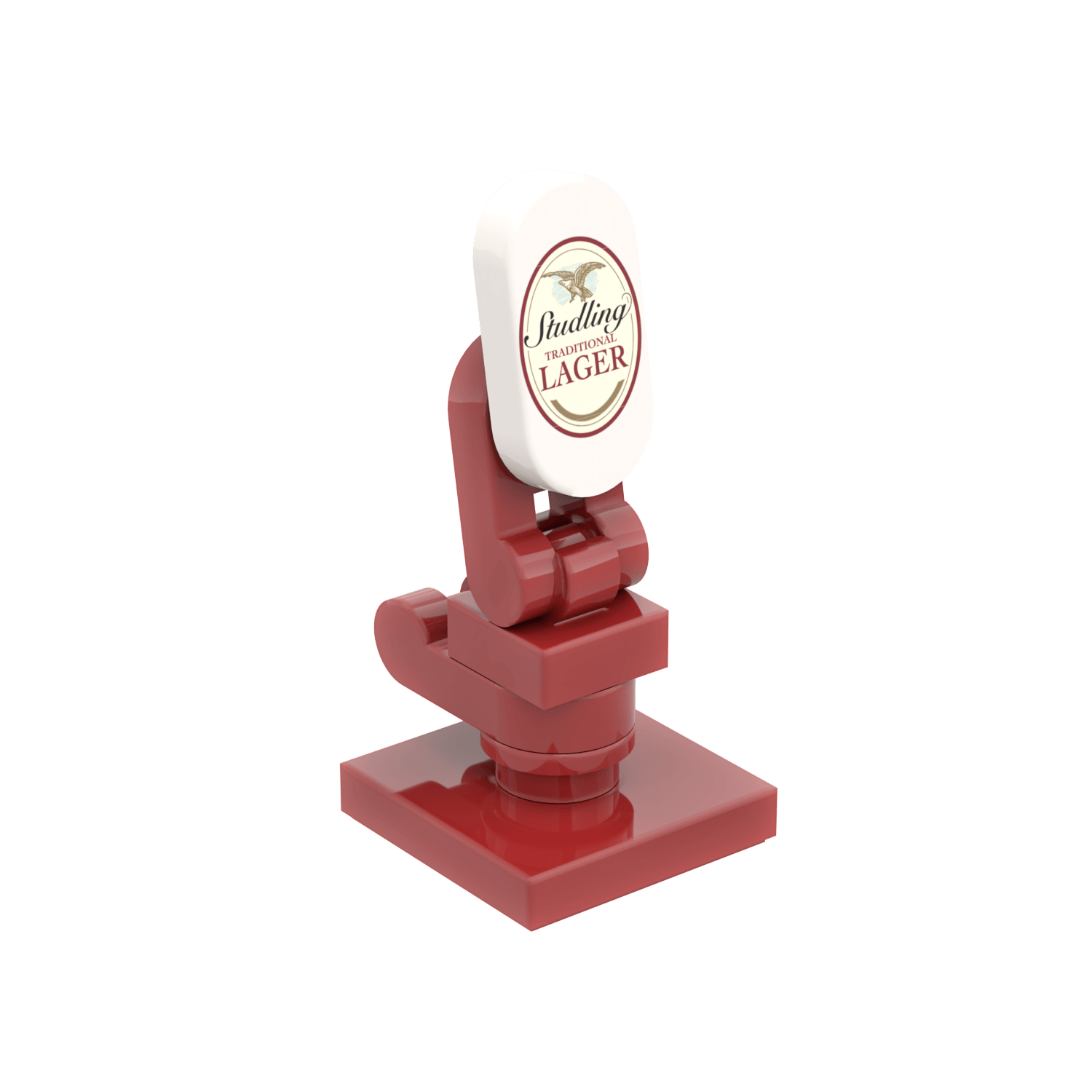 Red StudLing pub style larger tap handle with a white label on a white background.