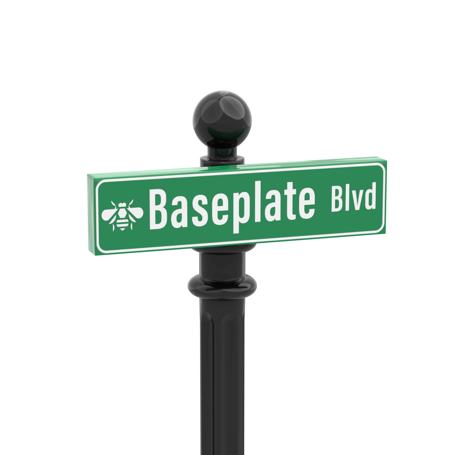 Green LEGO street sign with "Baseplate Bvld" printed on it with a black post on a white background.