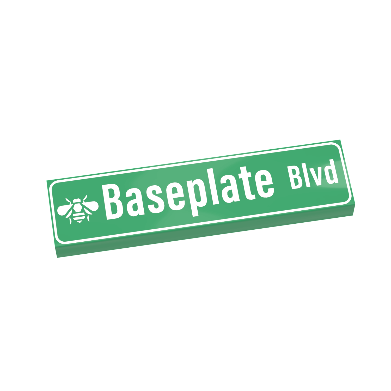 Green LEGO street sign with "Baseplate Blvd" printed on it on a white background.