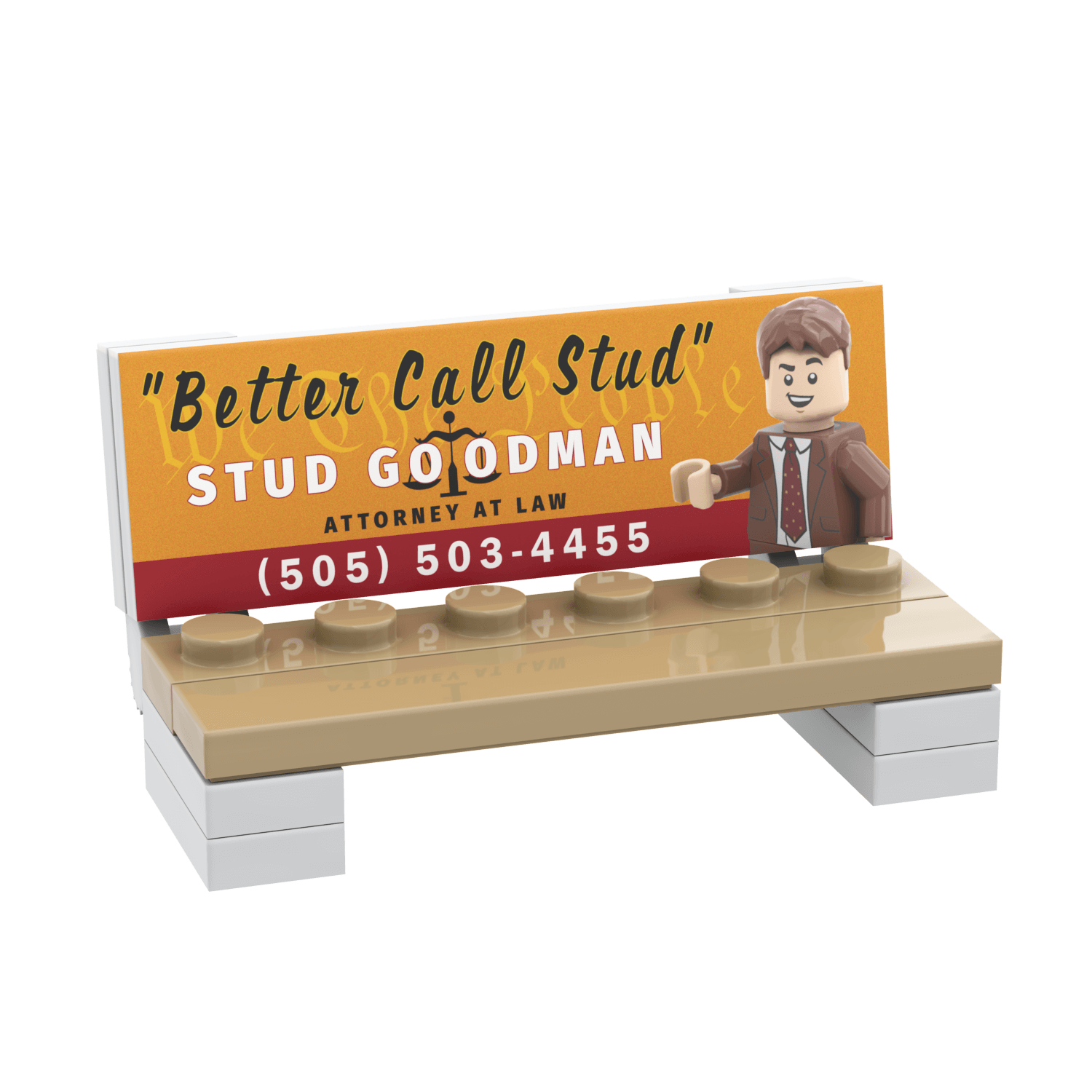 LEGO-style bench with a 'Better Call Stud' sign featuring a character and contact information.