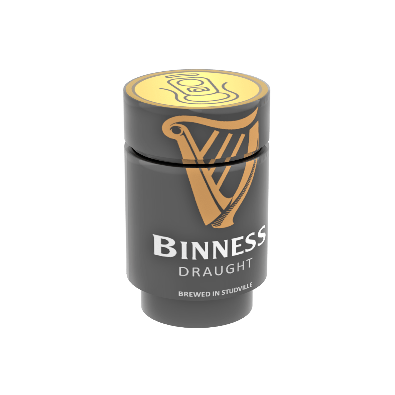 Binness Draught beer can with gold harp logo printed on and made with LEGO® on a white background