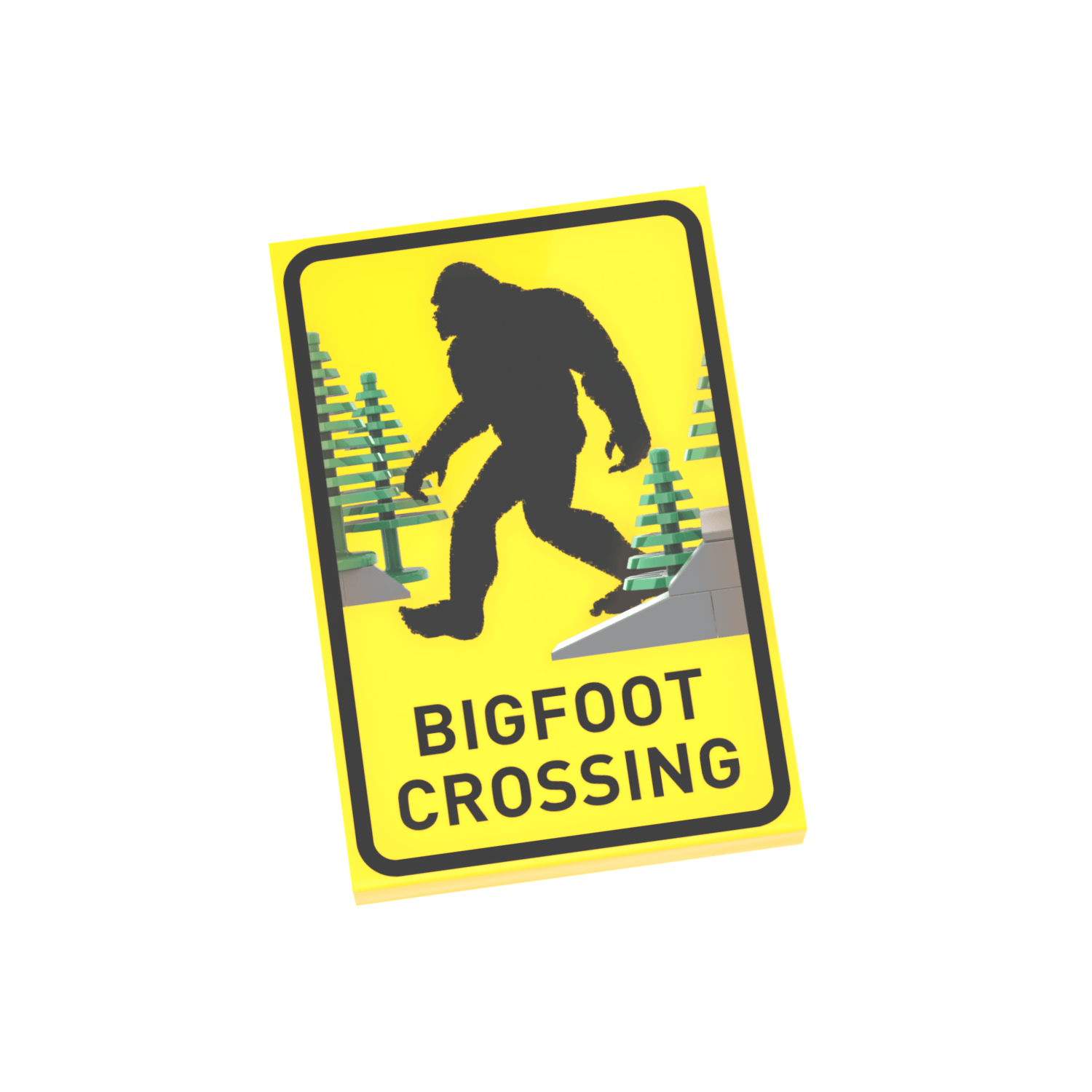 Yellow Sign with a black bigfoot walking and LEGO trees and bricks in the background with a black border and text that reads BIGFOOT CROSSING all printed on a LEGO tile.