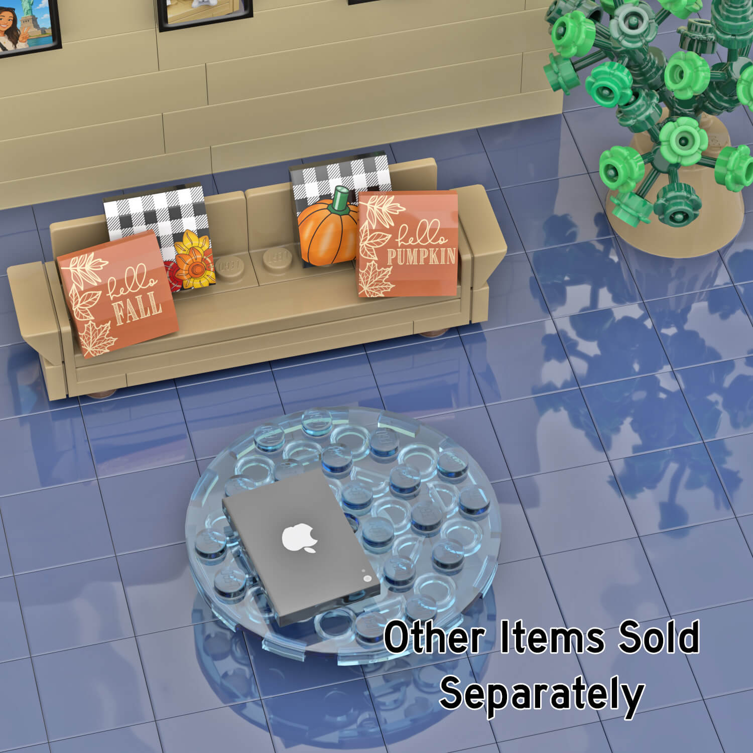 Black Apple ipad on a glass coffee table in a LEGO brick built living room with tan couch and pillows and blue carpet.