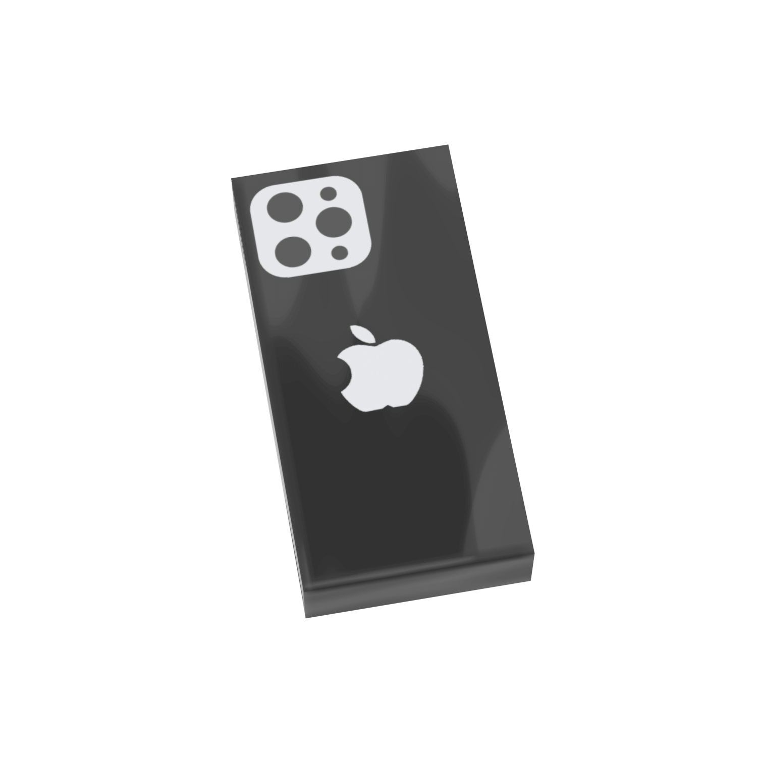 A black Lego cell phone with a custom printed 1x2 tile design featuring the a fruit logo.