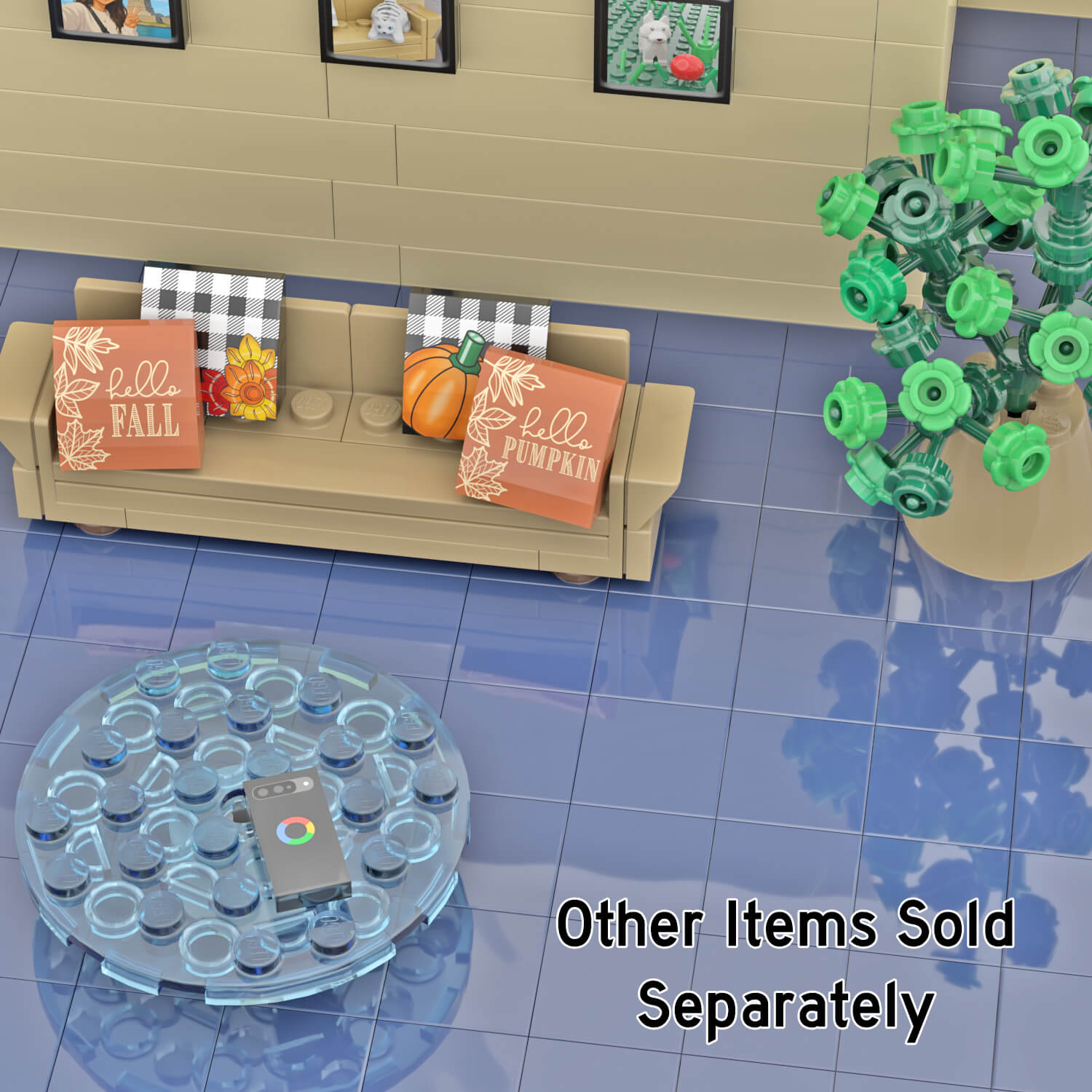 Black Android Cell Phone on a glass coffee table in a LEGO brick built living room with tan couch and pillows and blue carpet.