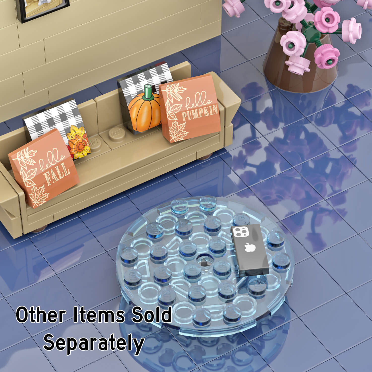 Black Apple Cell Phone on a glass coffee table in a LEGO brick built living room with tan couch and pillows and blue carpet.