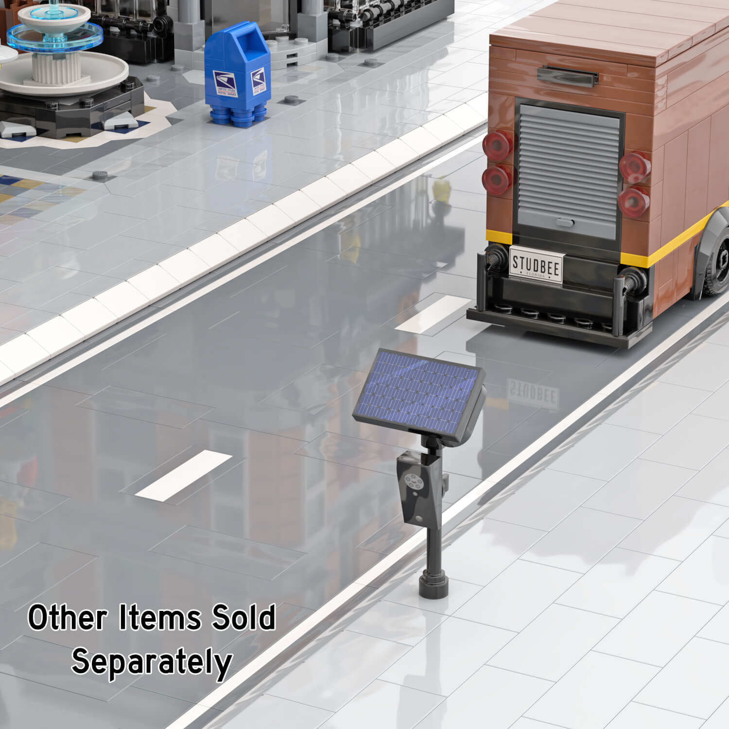 Brick built Flock surveillance camera in a LEGO city-scene with truck and Post box in the background