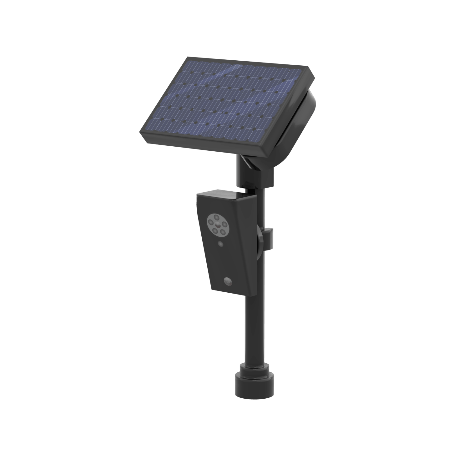Flock Camera - black surveillance camera on a black pole with a solar panel on top for power, custom printed LEGO set.