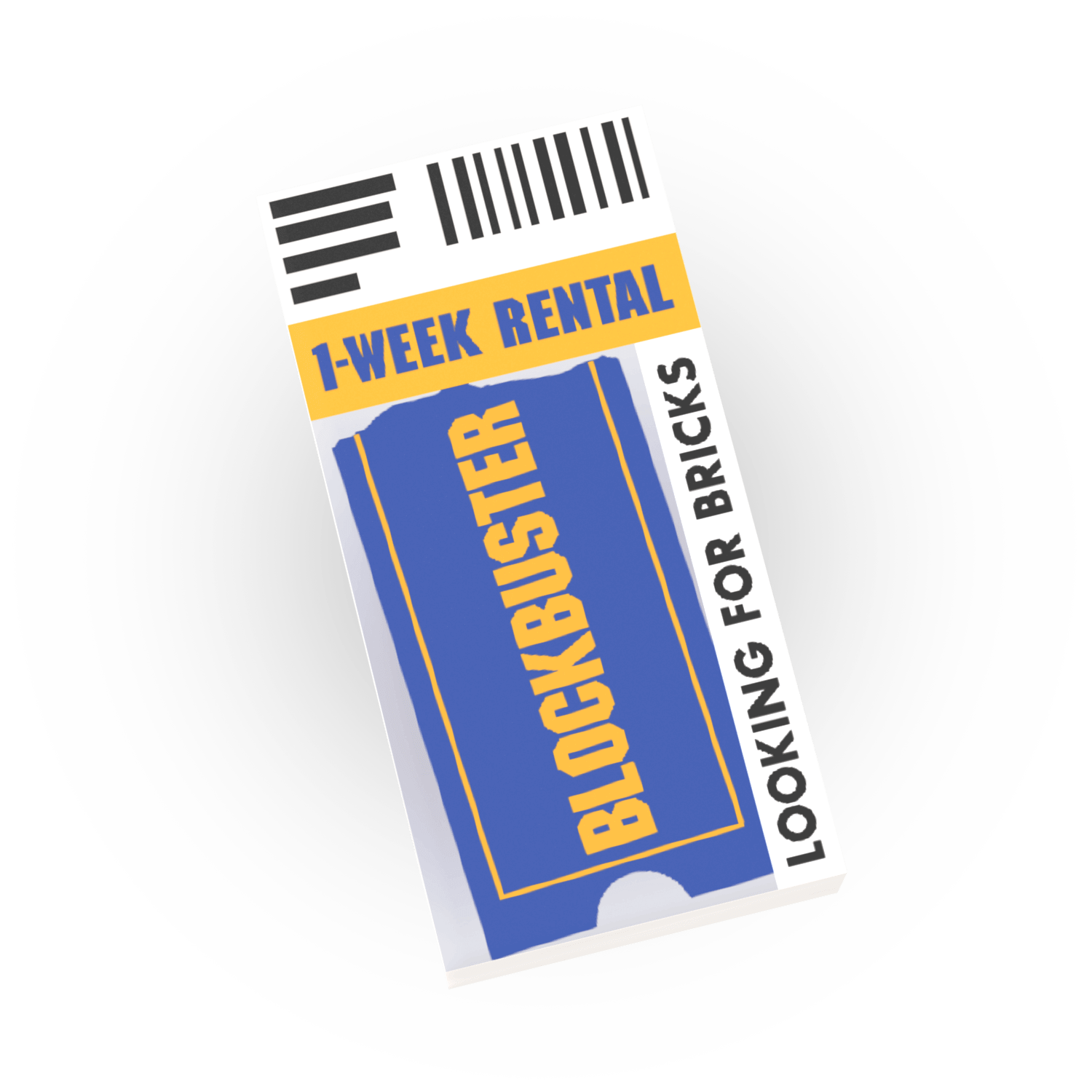 classic blockbuster logo on a dvd rental case printed on lego with barcode