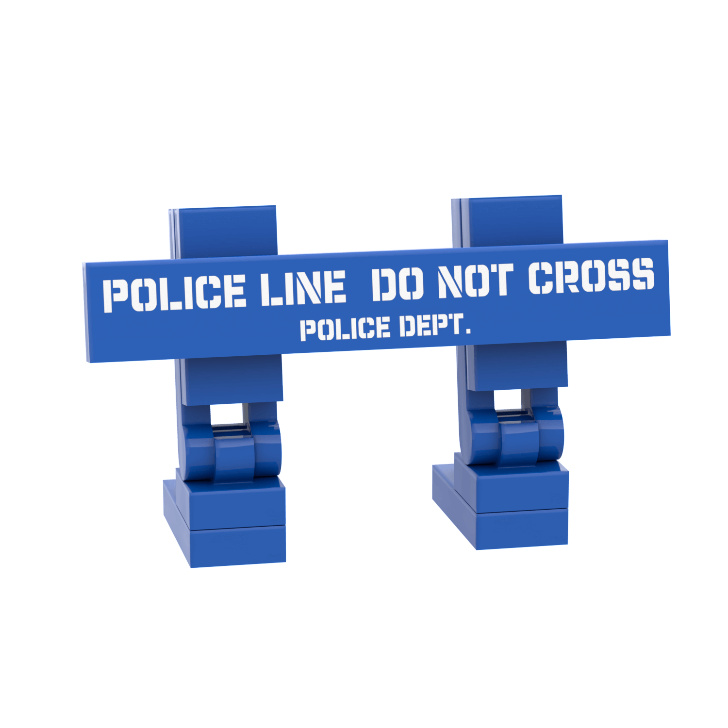 Blue police line do not cross barrier with white text on a white background