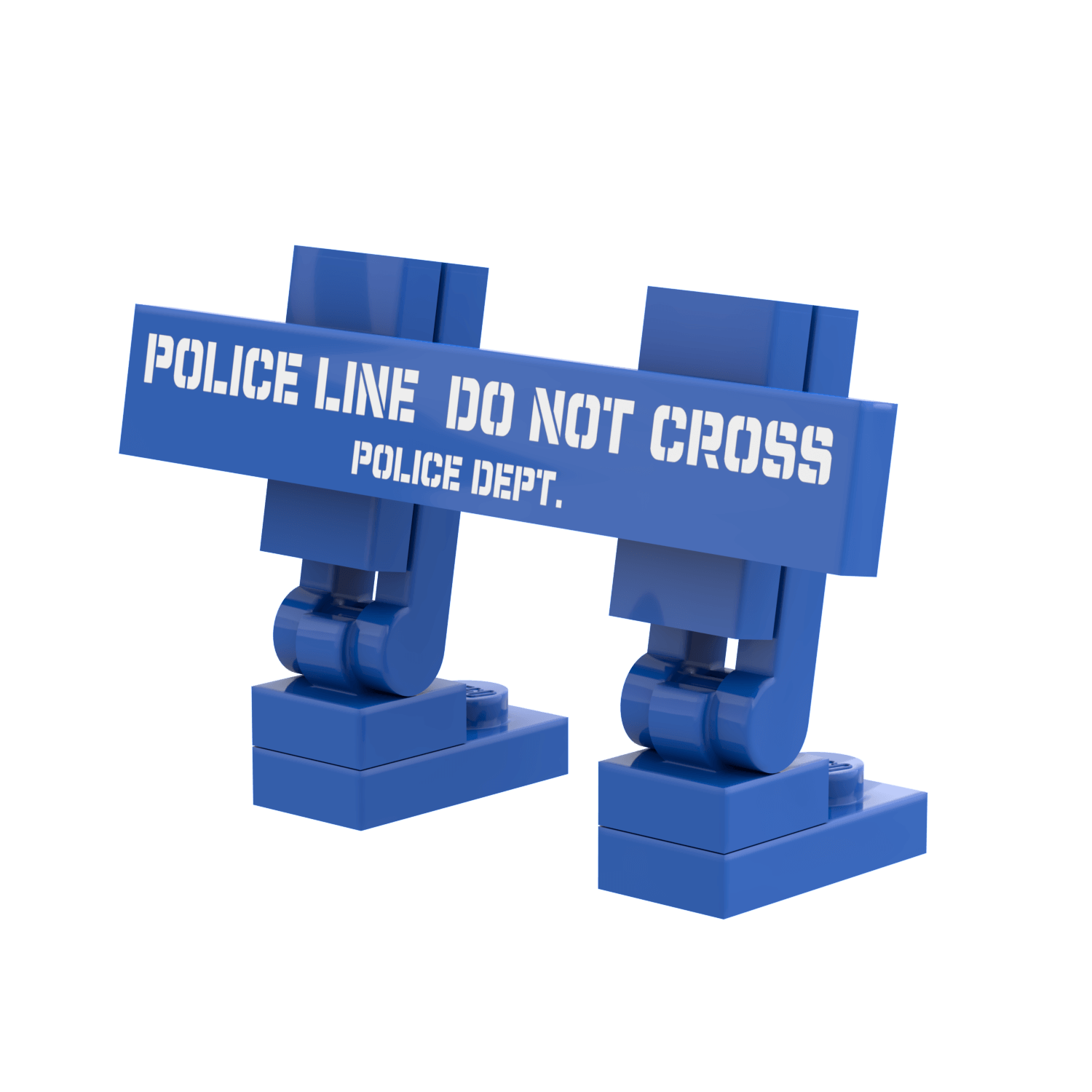 Blue police line do not cross barrier with 'POLICE LINE DO NOT CROSS POLICE DEPT.' text on a white background