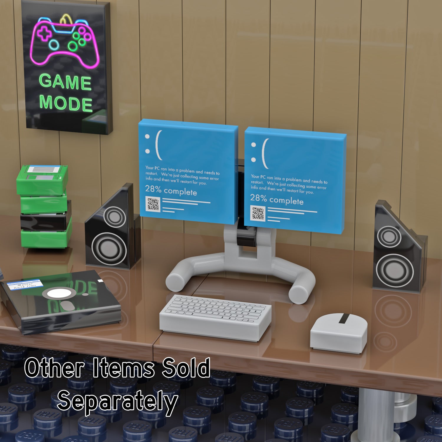 A retro-themed LEGO computer desk setup featuring two blue screens of death progress bars, a gray LEGO keyboard, mouse, speakers, and a game controller sign on a tan paneled wall background. Text overlay at the bottom reads 'Other Items Sold Separately'.