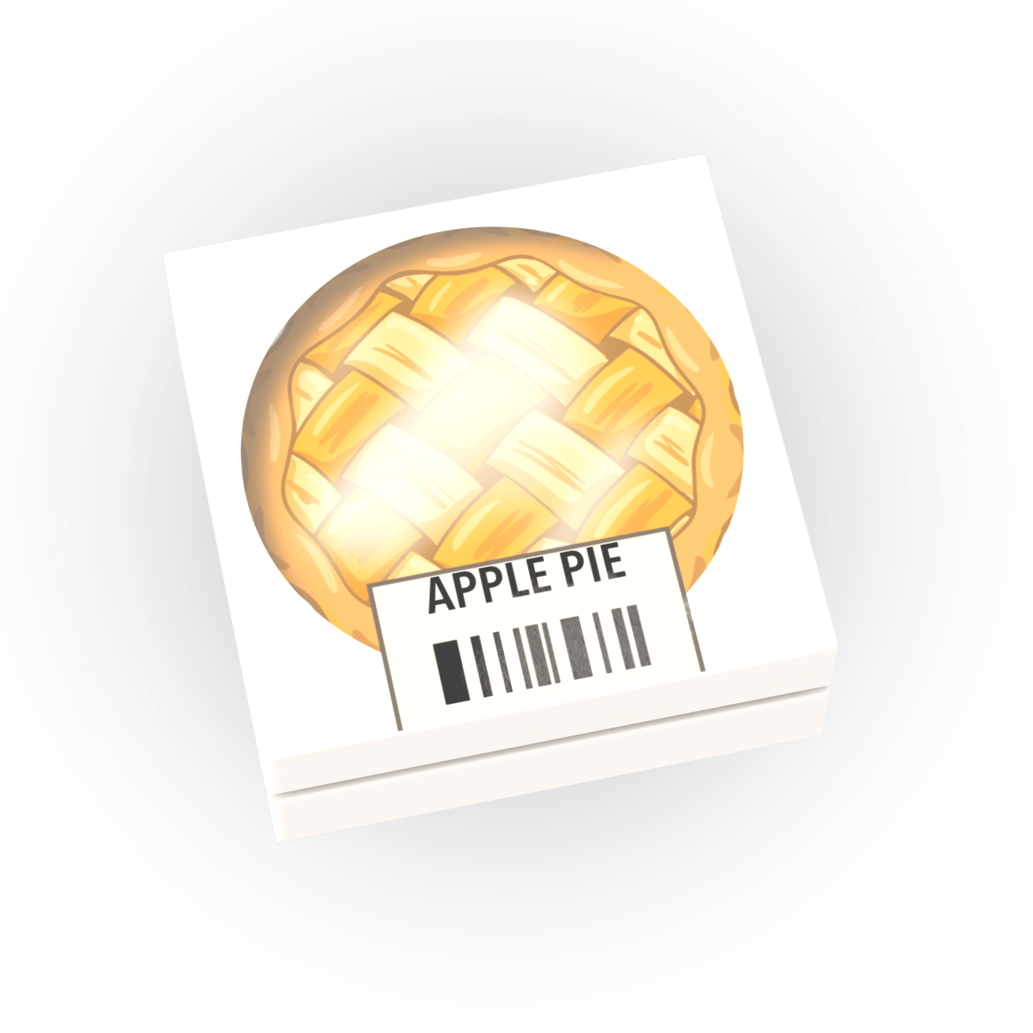 A white boxed Apple Pie with an exposed circle showing the apple pie inside the box with a barcode all printed on LEGO.  On a white background.
