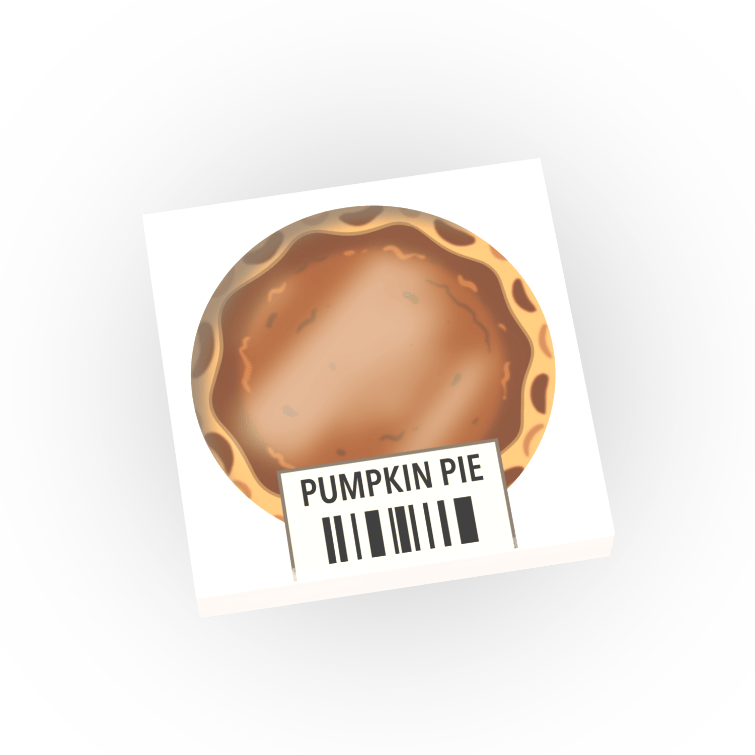 A white boxed Pumpkin Pie with an exposed circle showing the Pumpkin pie inside the box with a barcode all printed on LEGO.  On a white background.