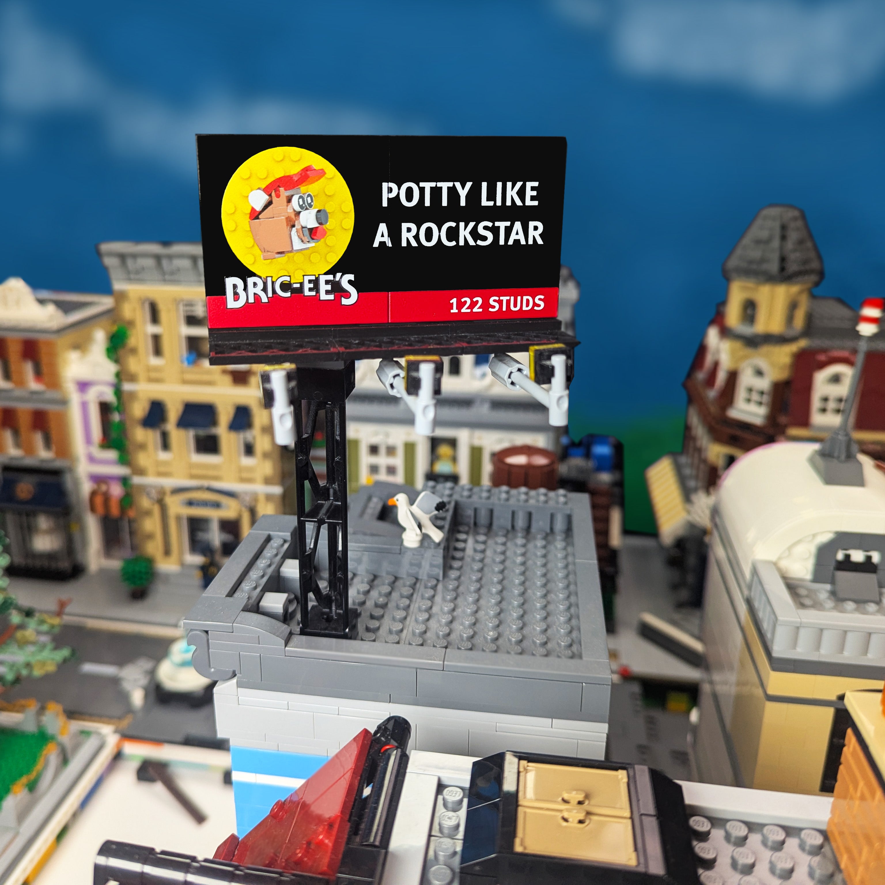custom printed bric-ees billboard on lego tiles in a lego city settings